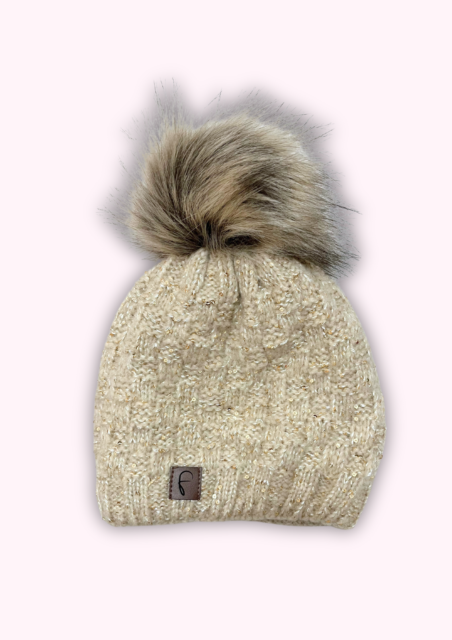 Bommelmütze mit Pailletten, beige