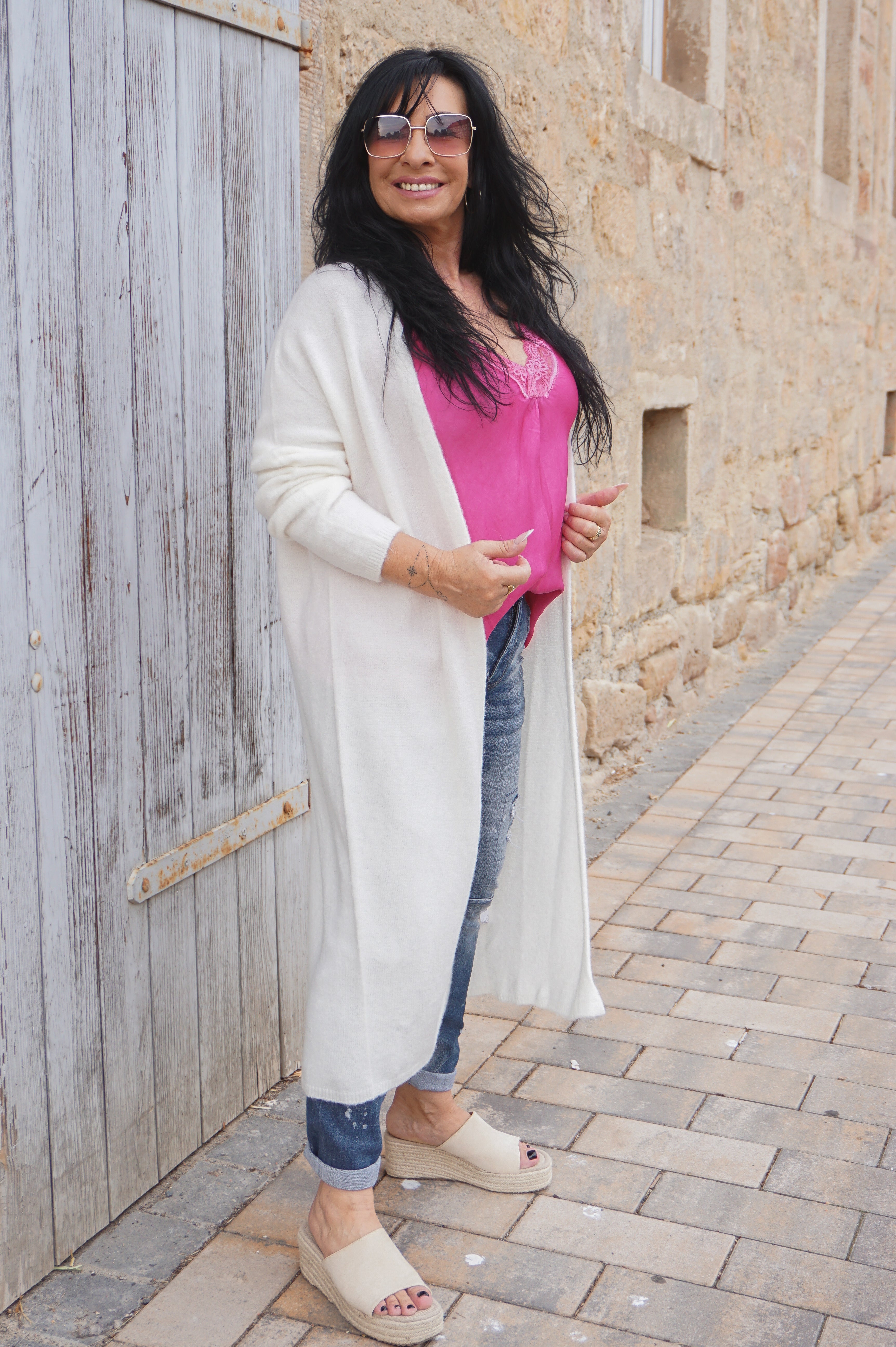 Lange Basic Strickjacke, creme