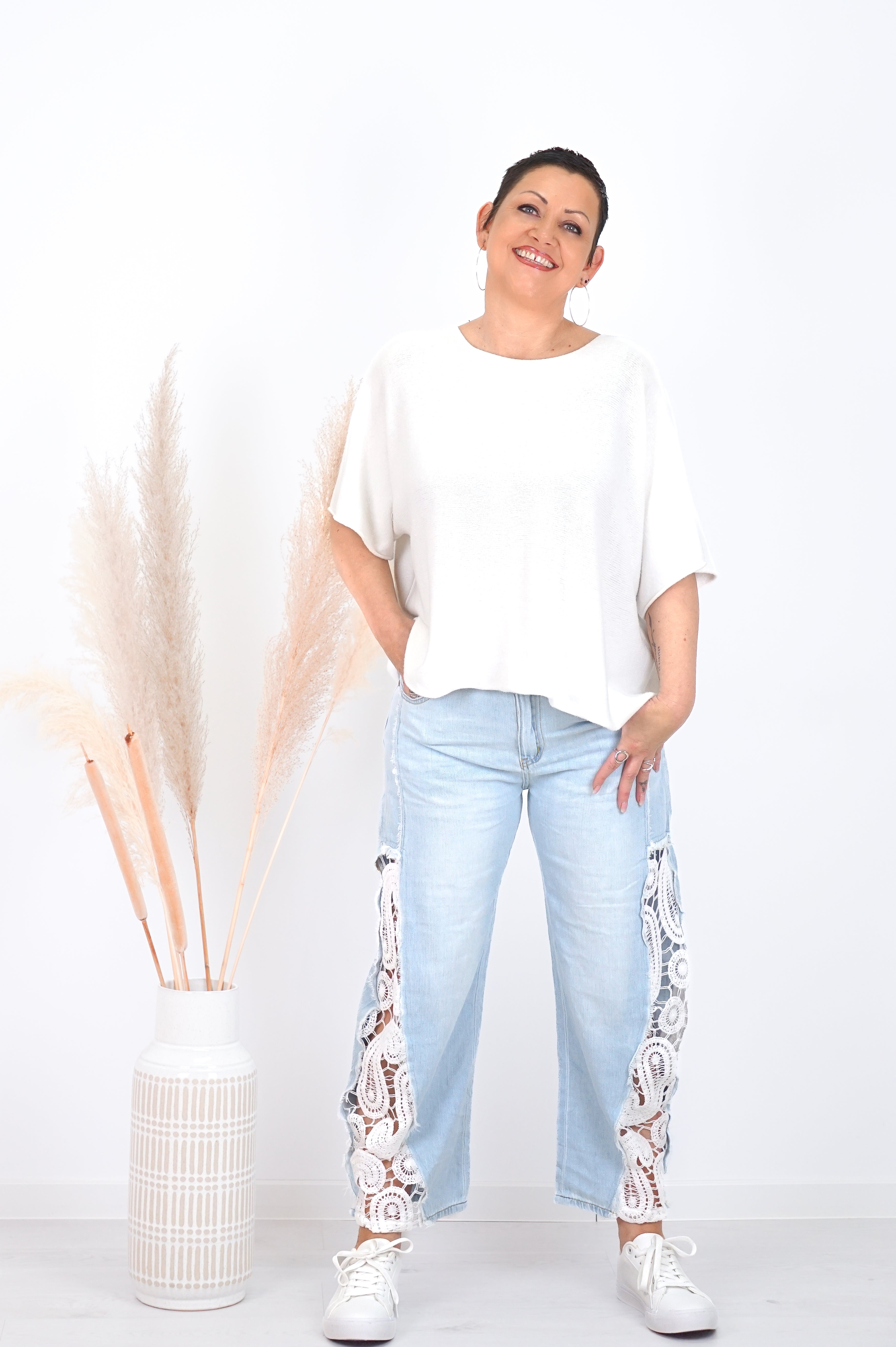 Basic kurzarm Feinstrickpulli, Off white