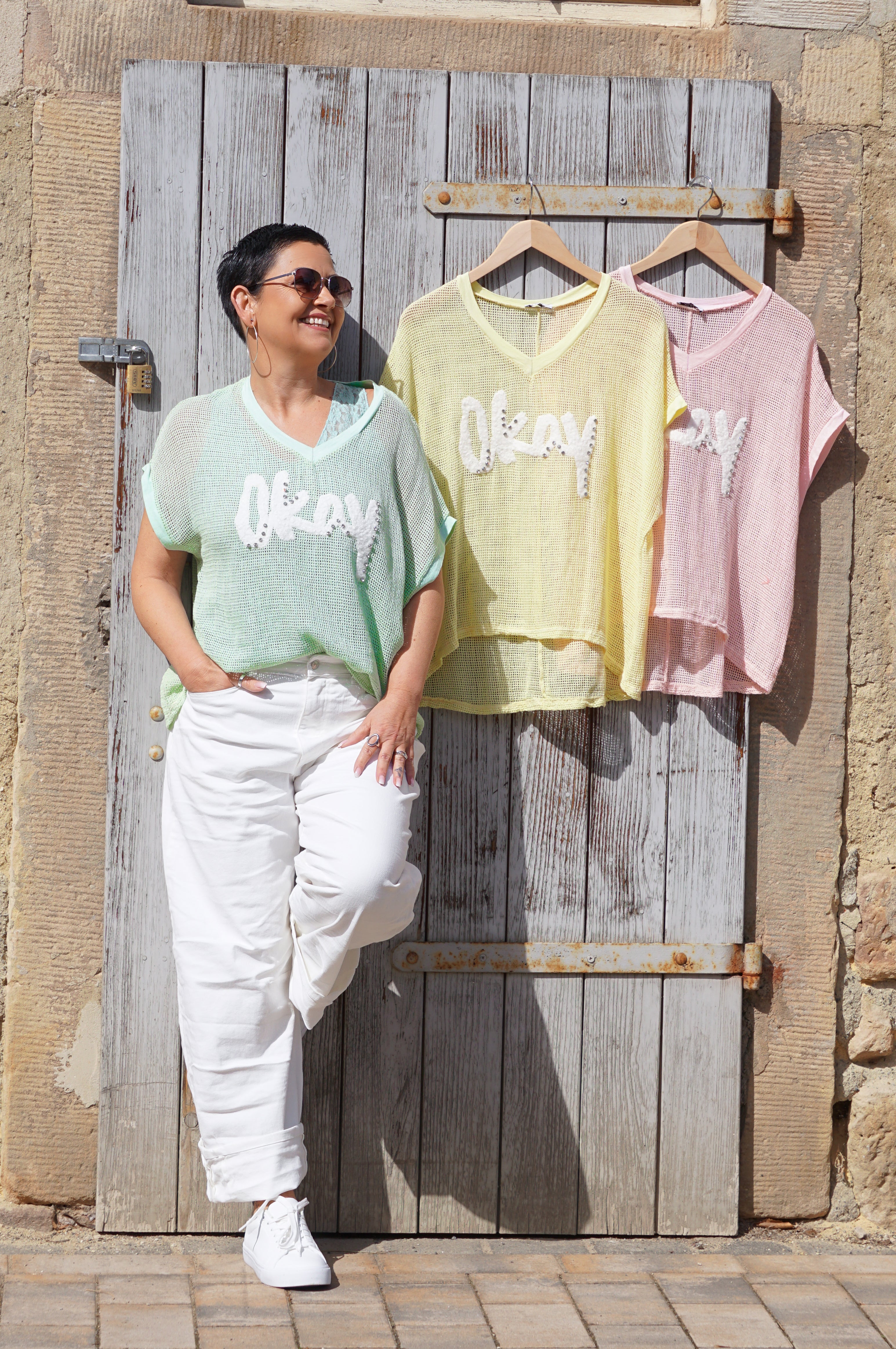 Kurzarm Häkelshirt "okay", rosa