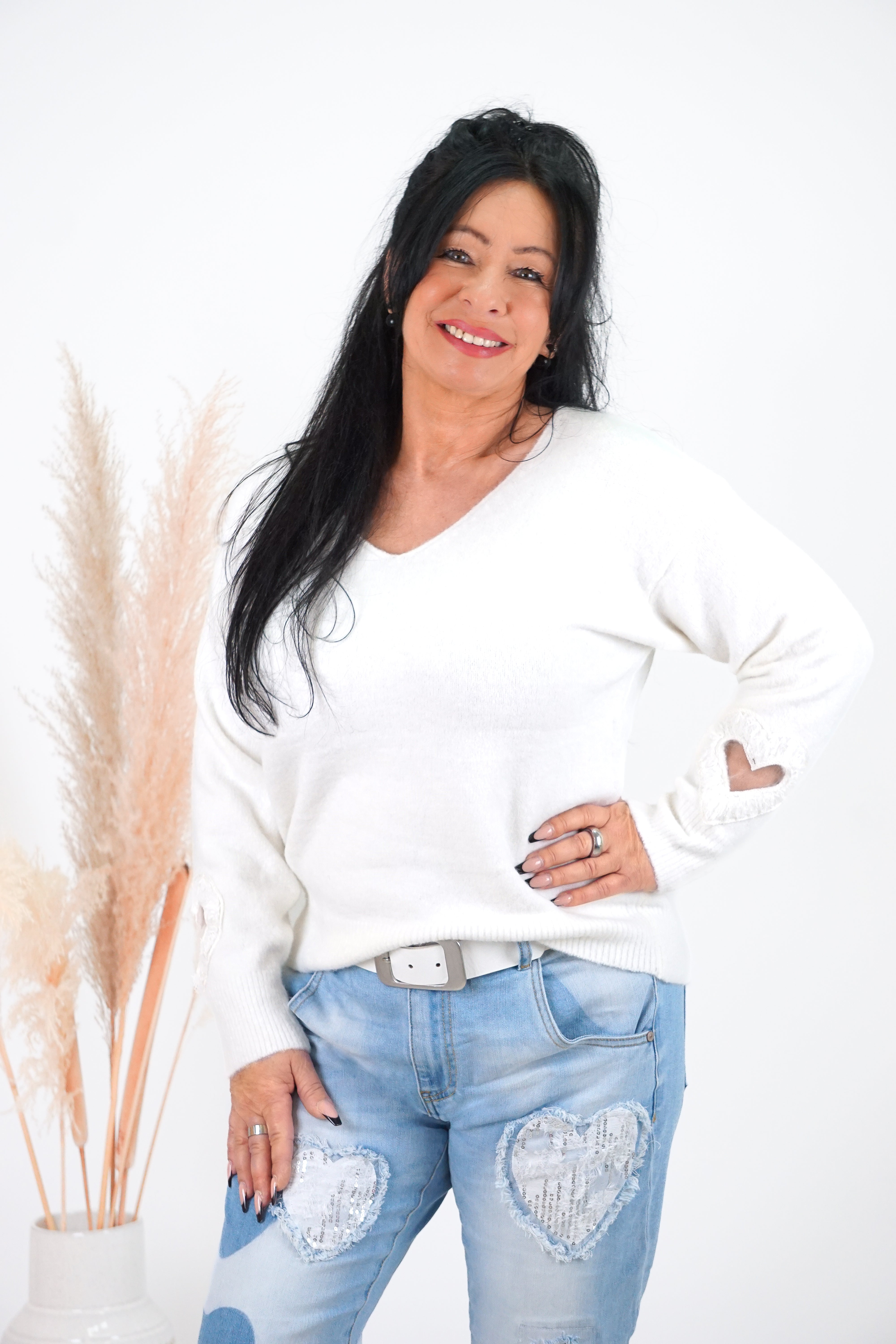 Feinstrickpulli „Hearts“, Off white