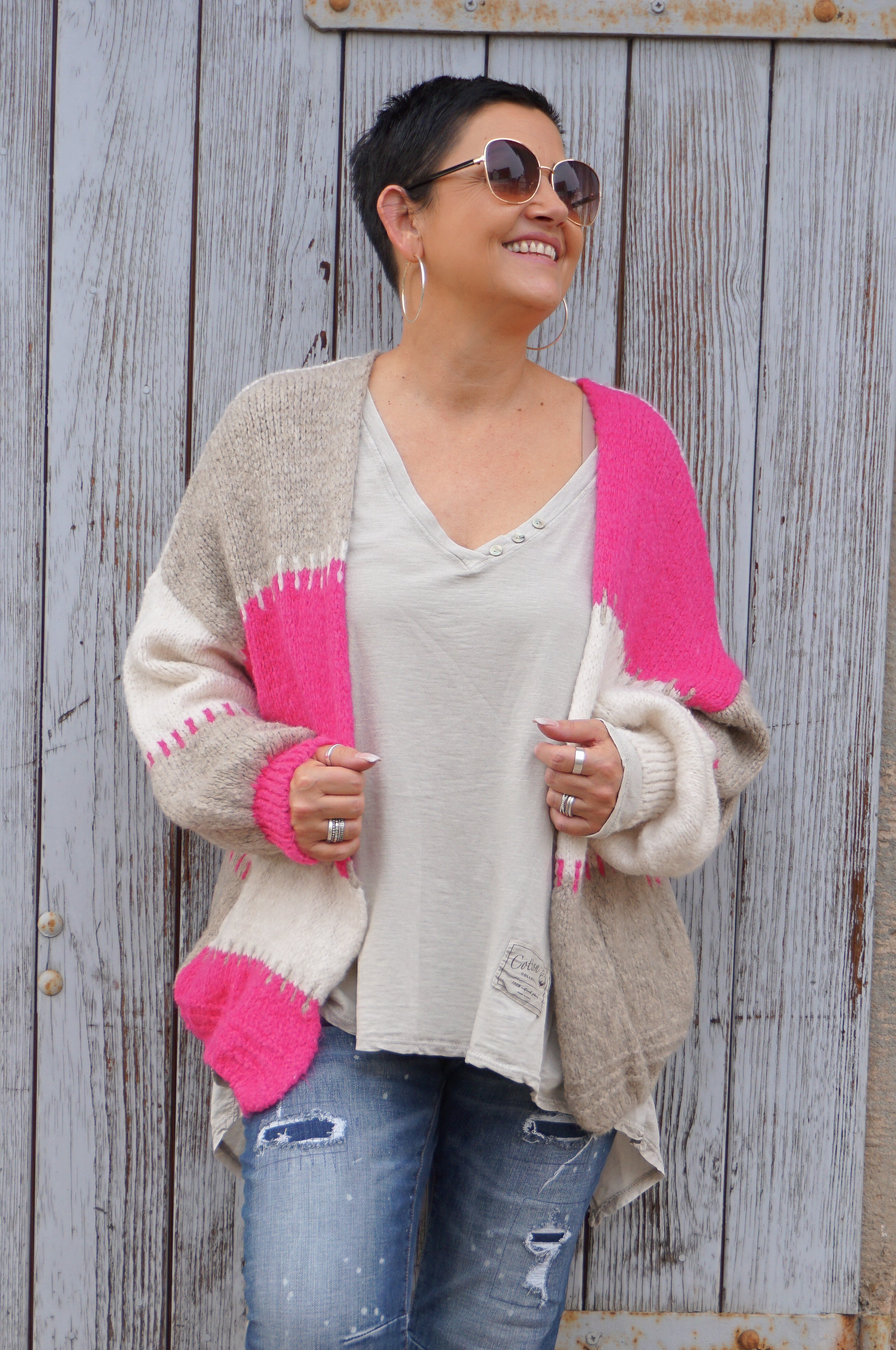 Kurze Strickjacke "tricolore", pink/beige/creme