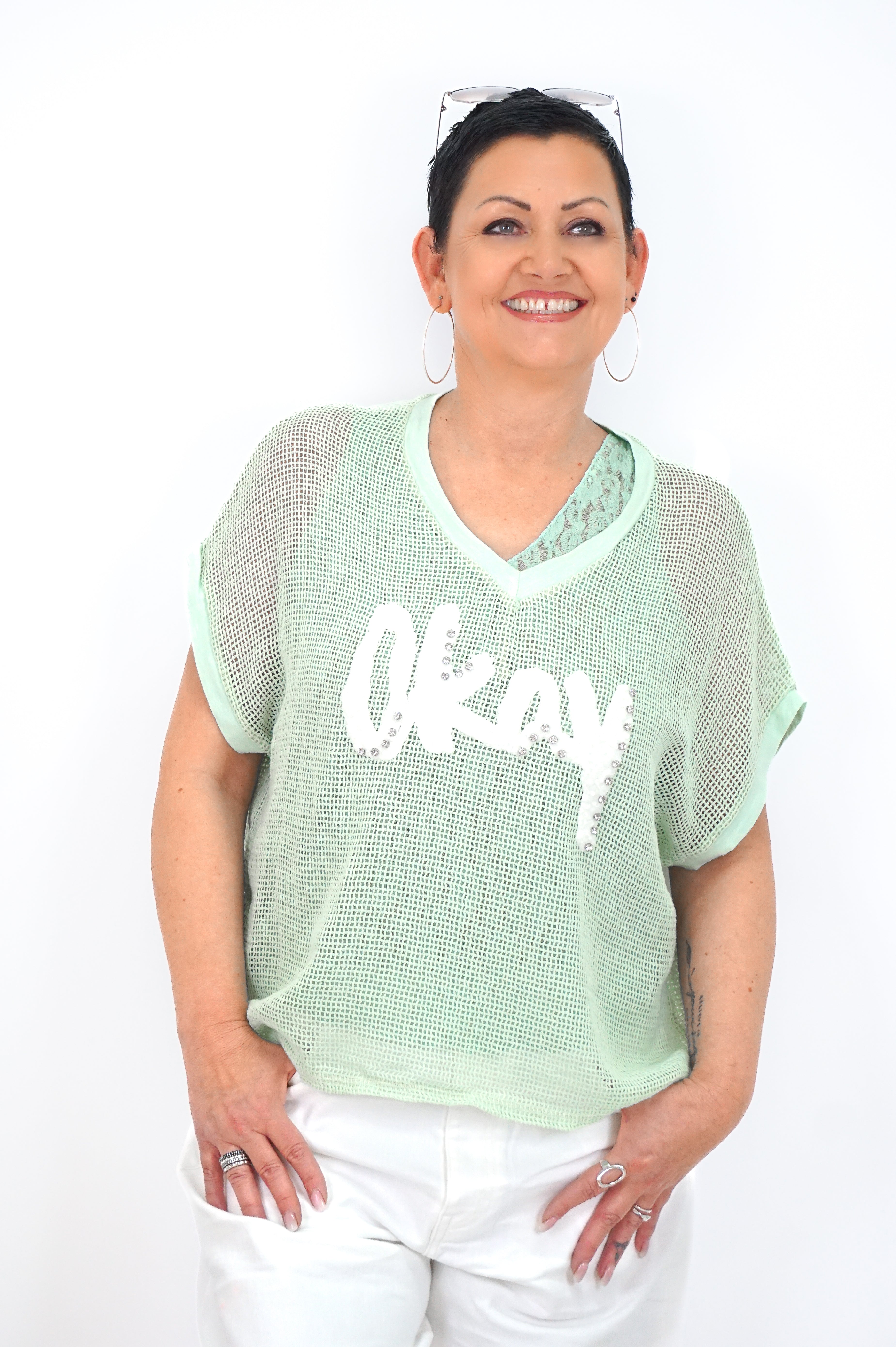 Kurzarm Häkelshirt "okay", mint