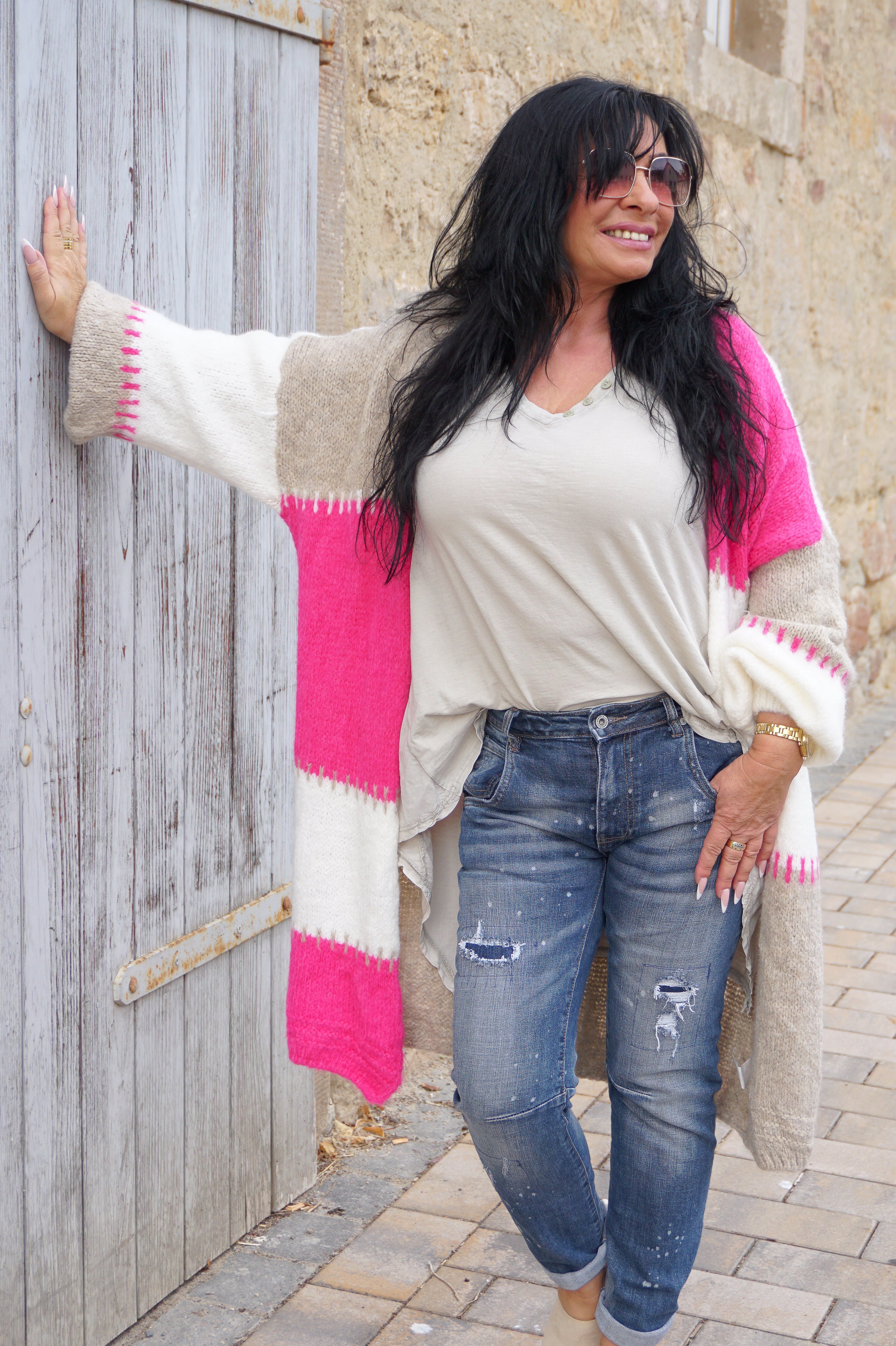 Strickjacke "tricolore", pink/beige/creme
