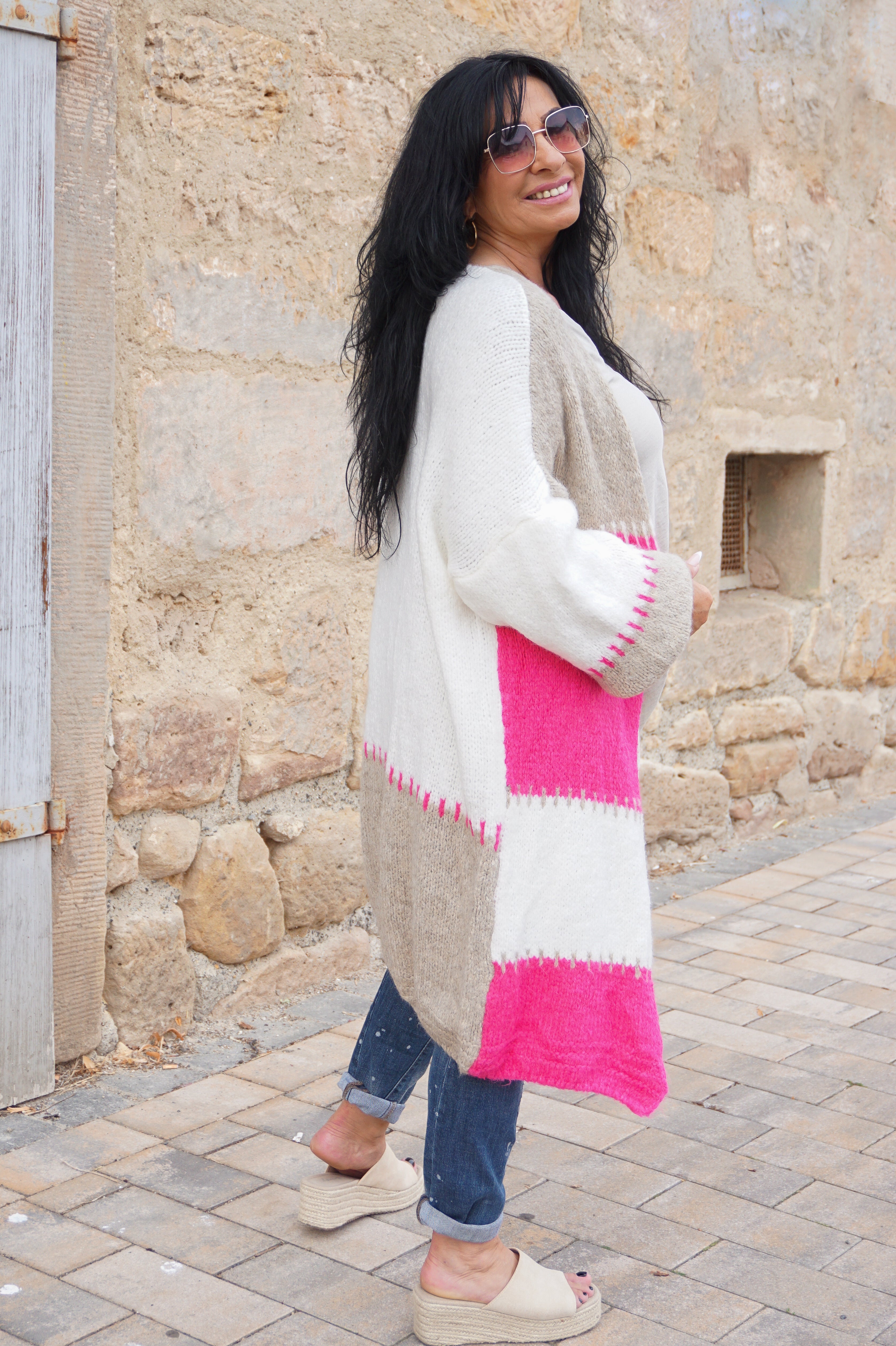 Strickjacke "tricolore", pink/beige/creme