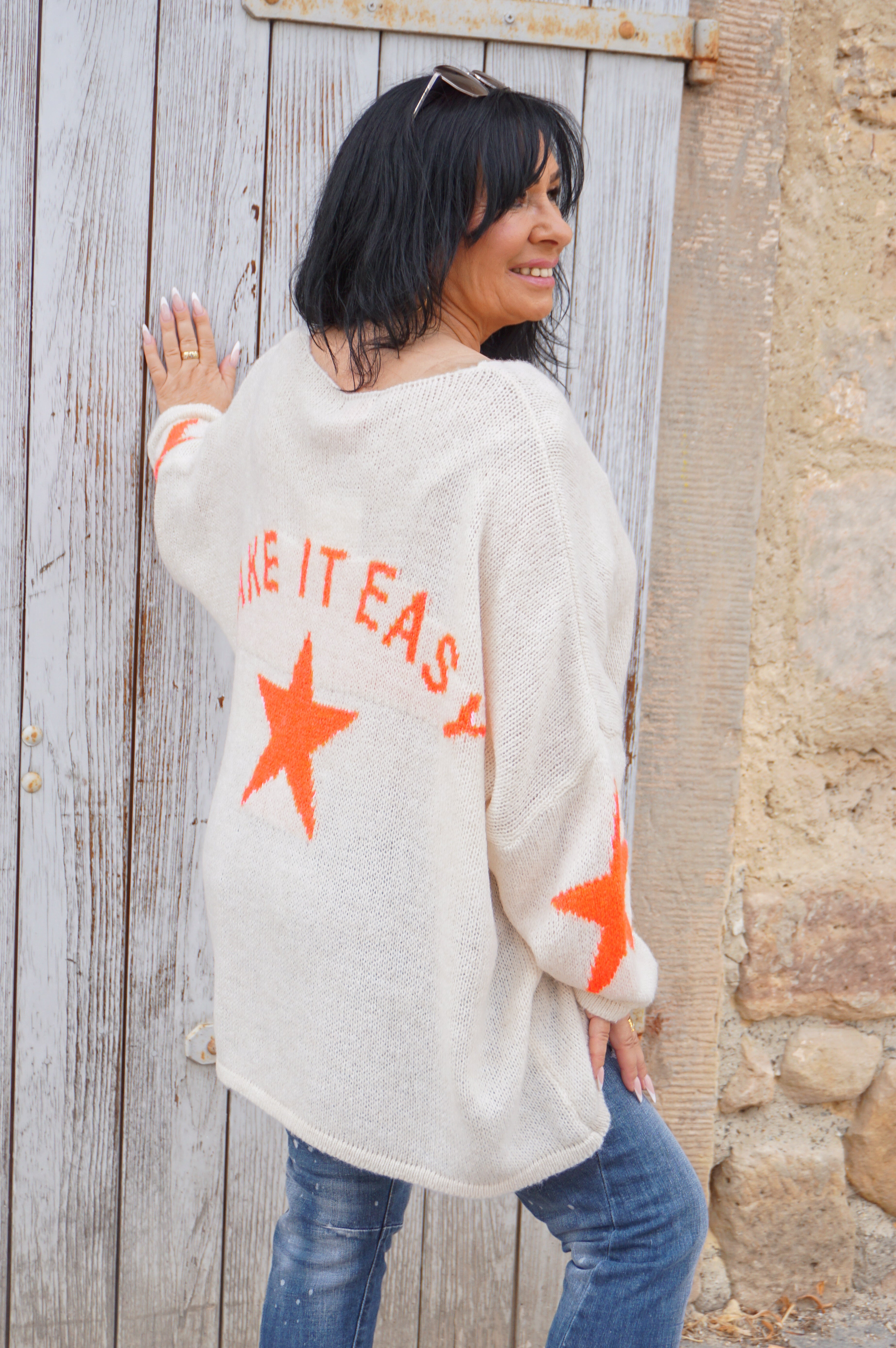 Strickpulli "EASY", hellbeige/orange