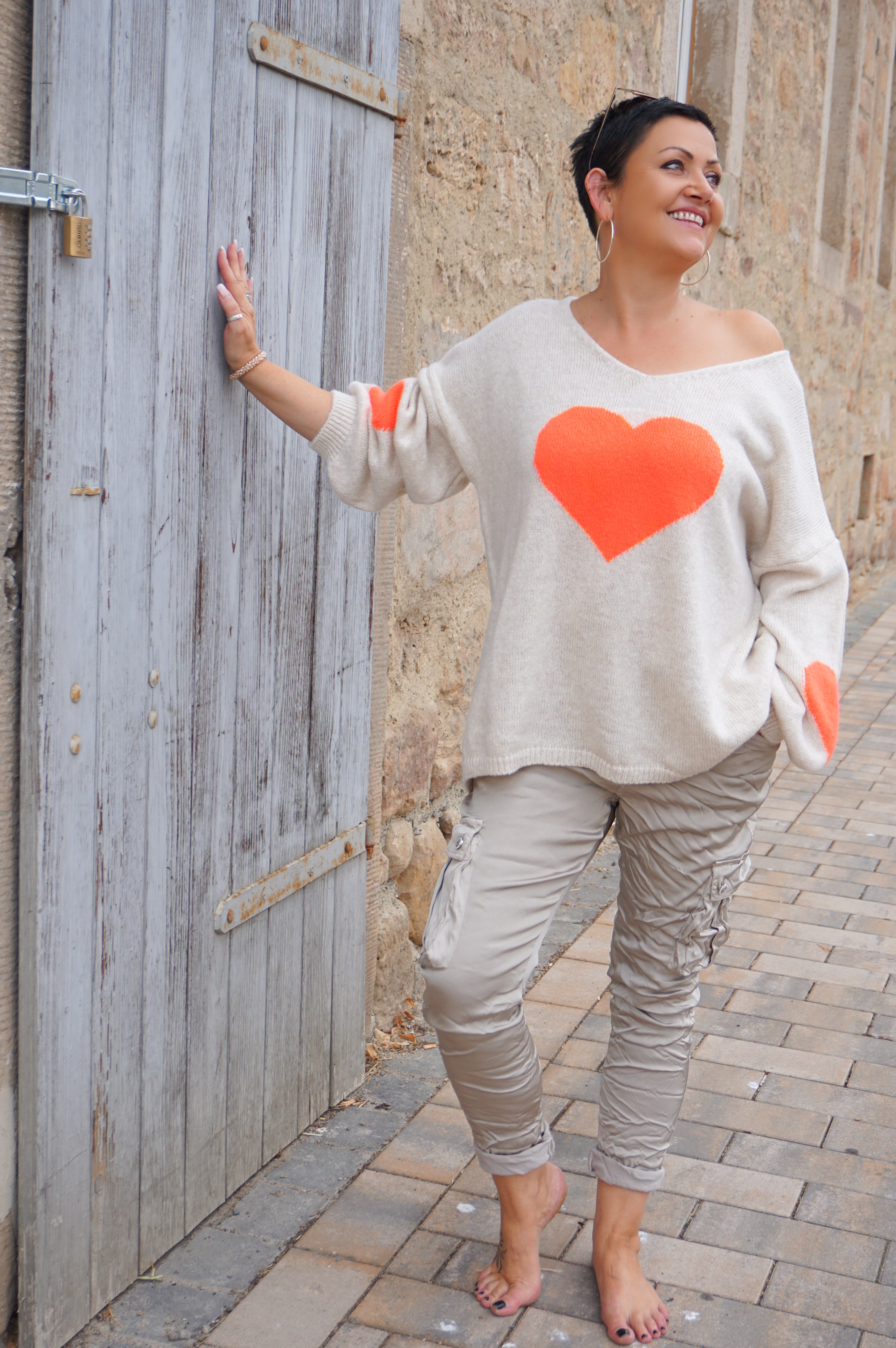Strickpulli "lovely", hellbeige/orange