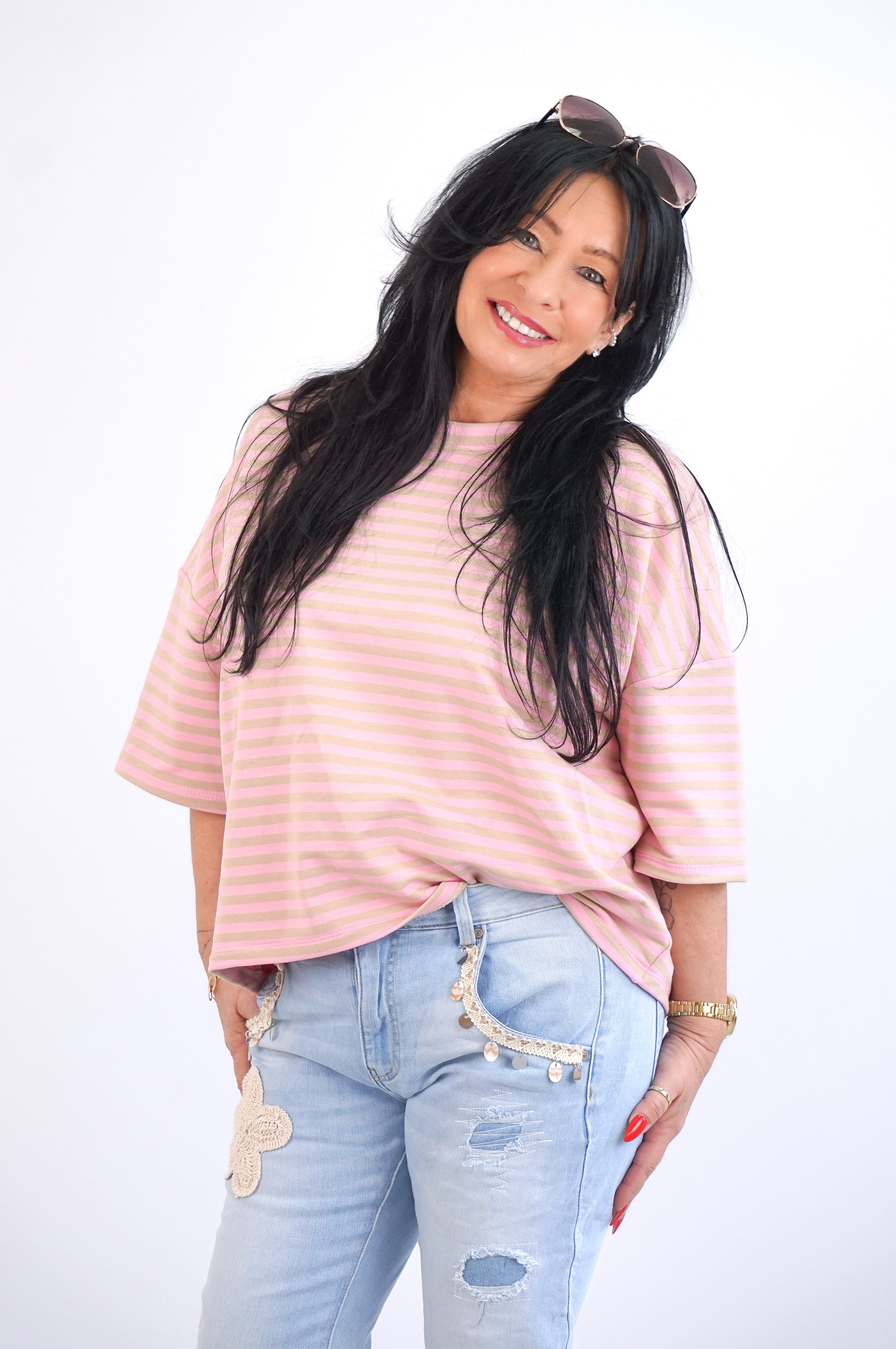 Gestreiftes Kurzarmshirt, rosa/beige