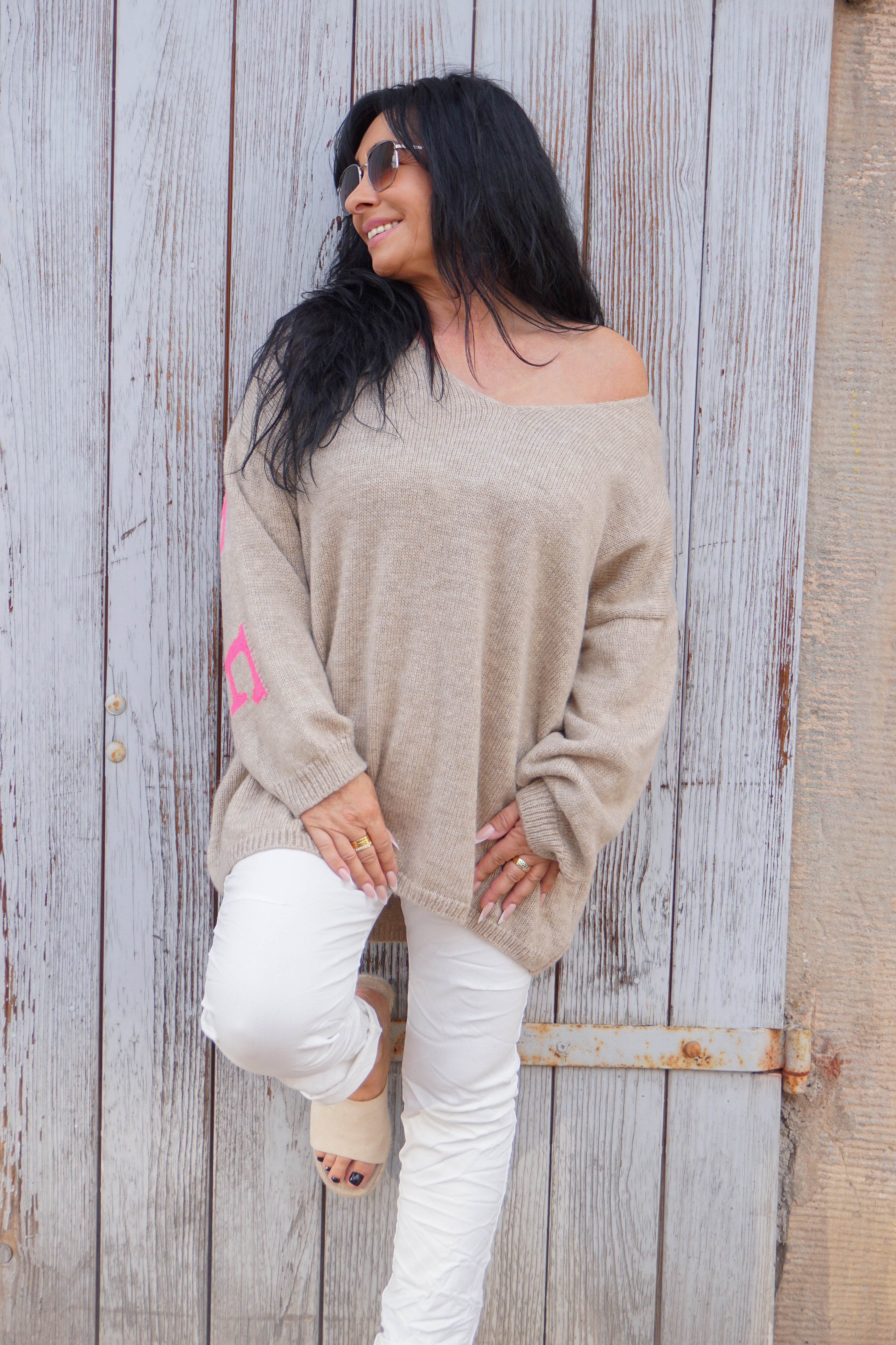 Strickpulli "Namaste", beige/pink