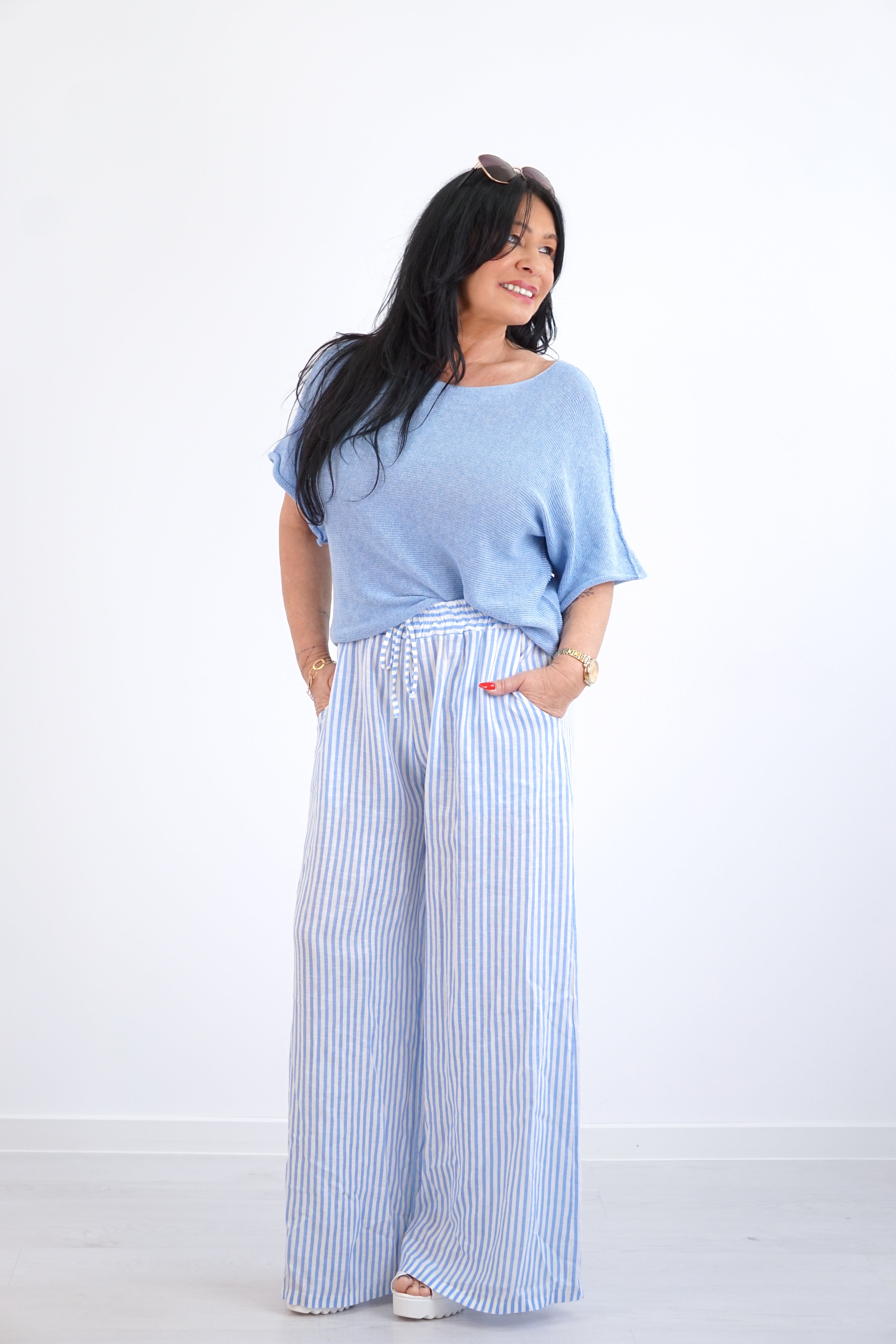 Leichtes kurzarm Häkelshirt, blau
