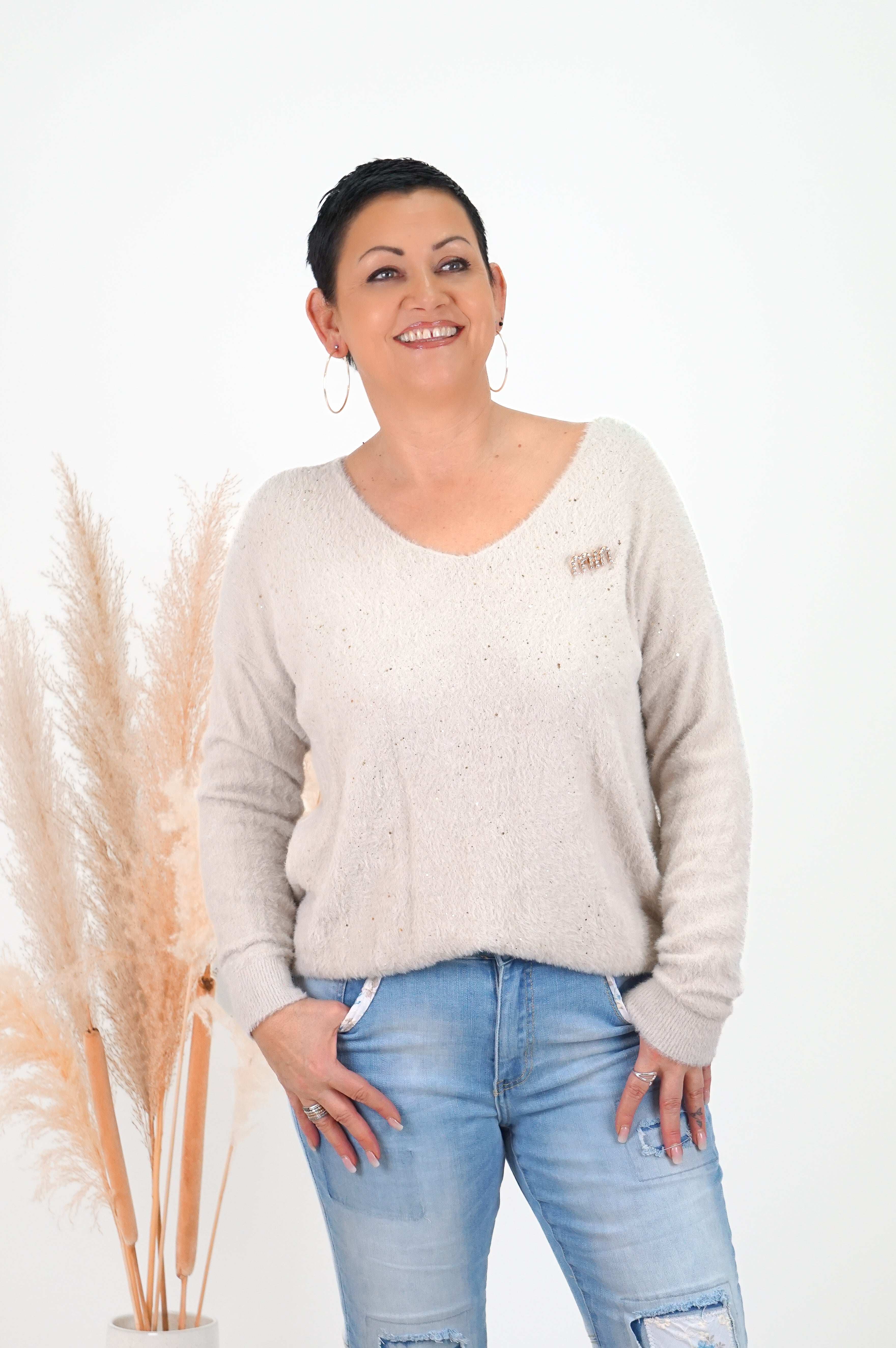 Flauschiger Feinstrickpulli „sparkle“, beige