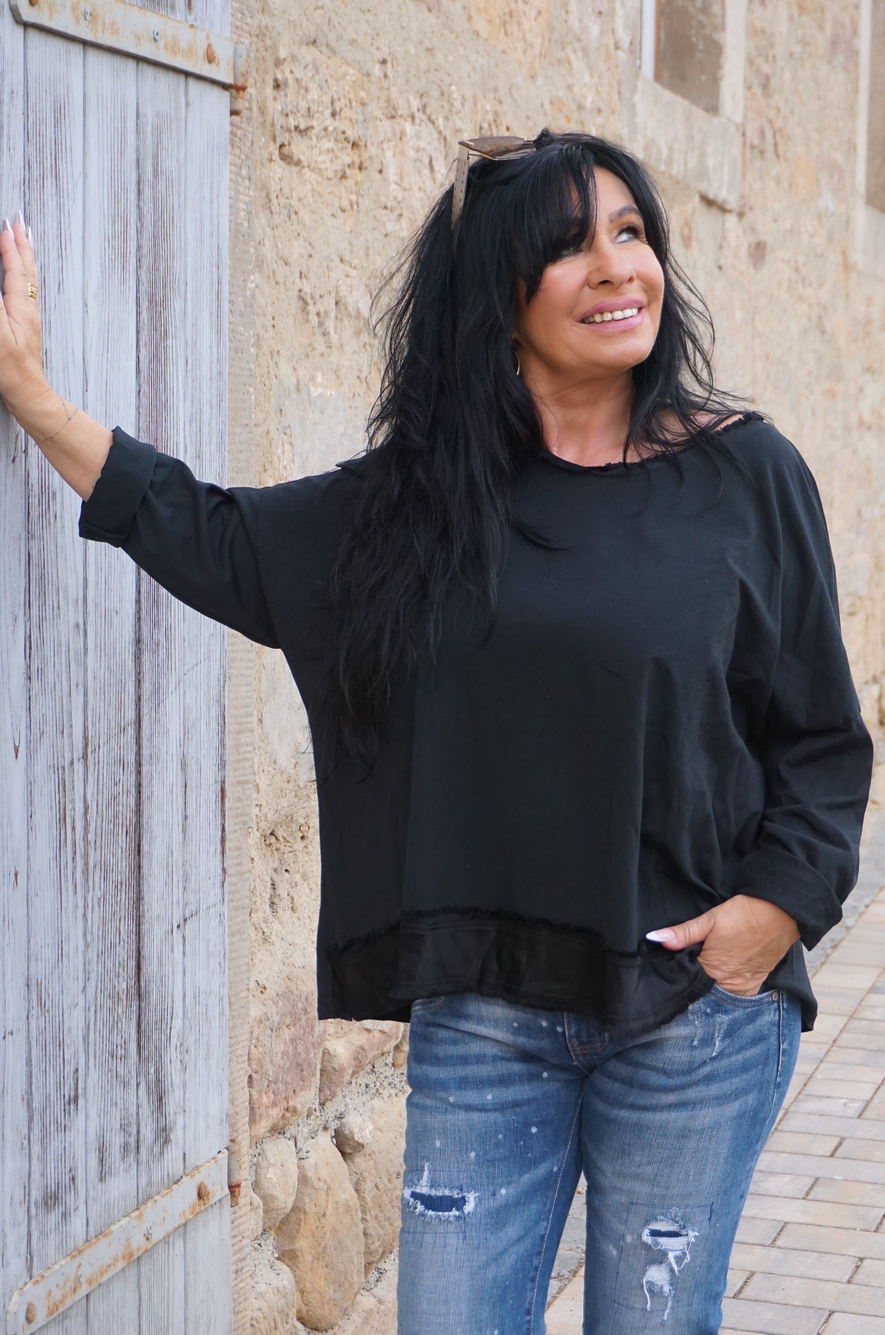 Langarmshirt mit Satin Details, schwarz