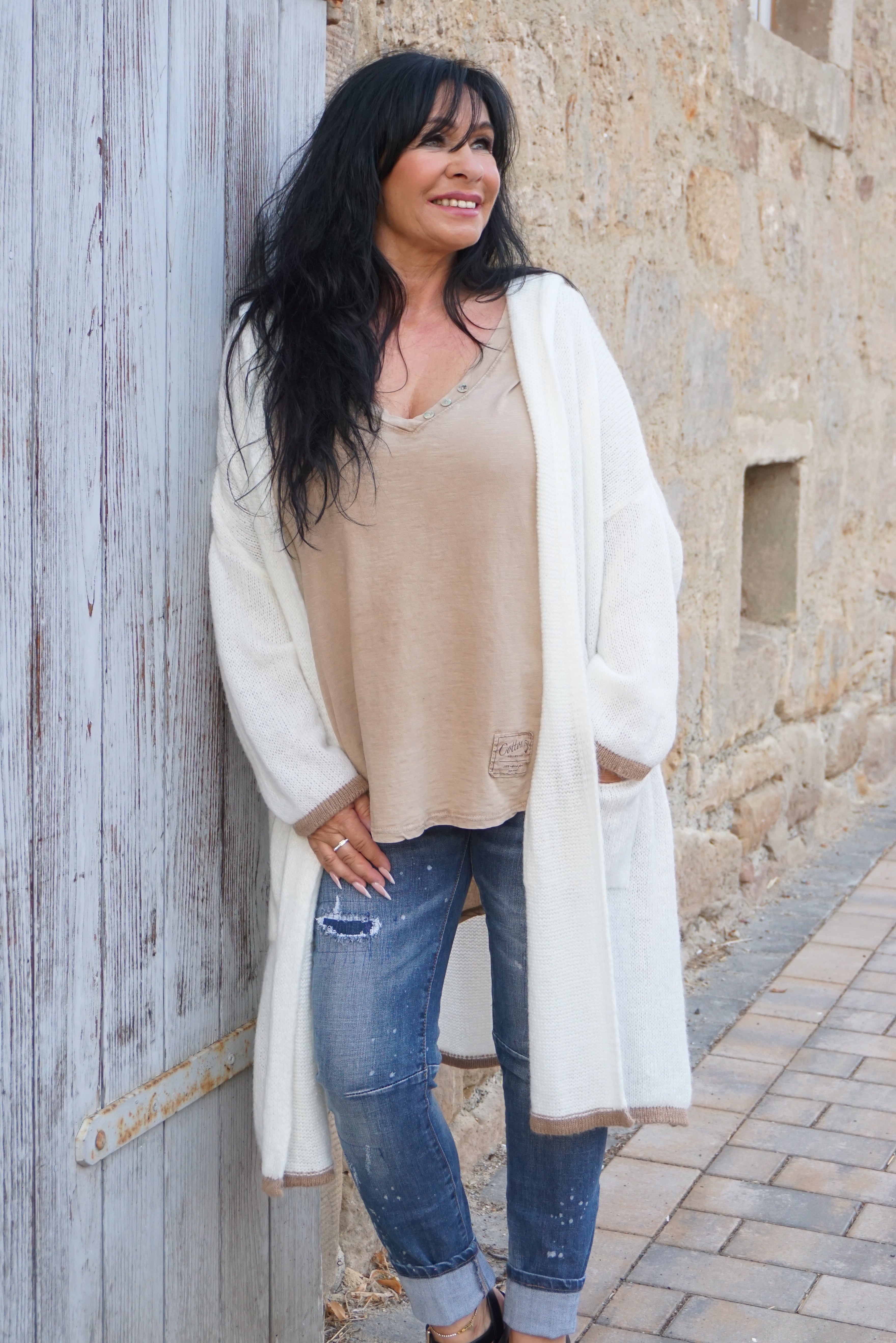Langarmshirt mit verspieltem Schnitt, camel