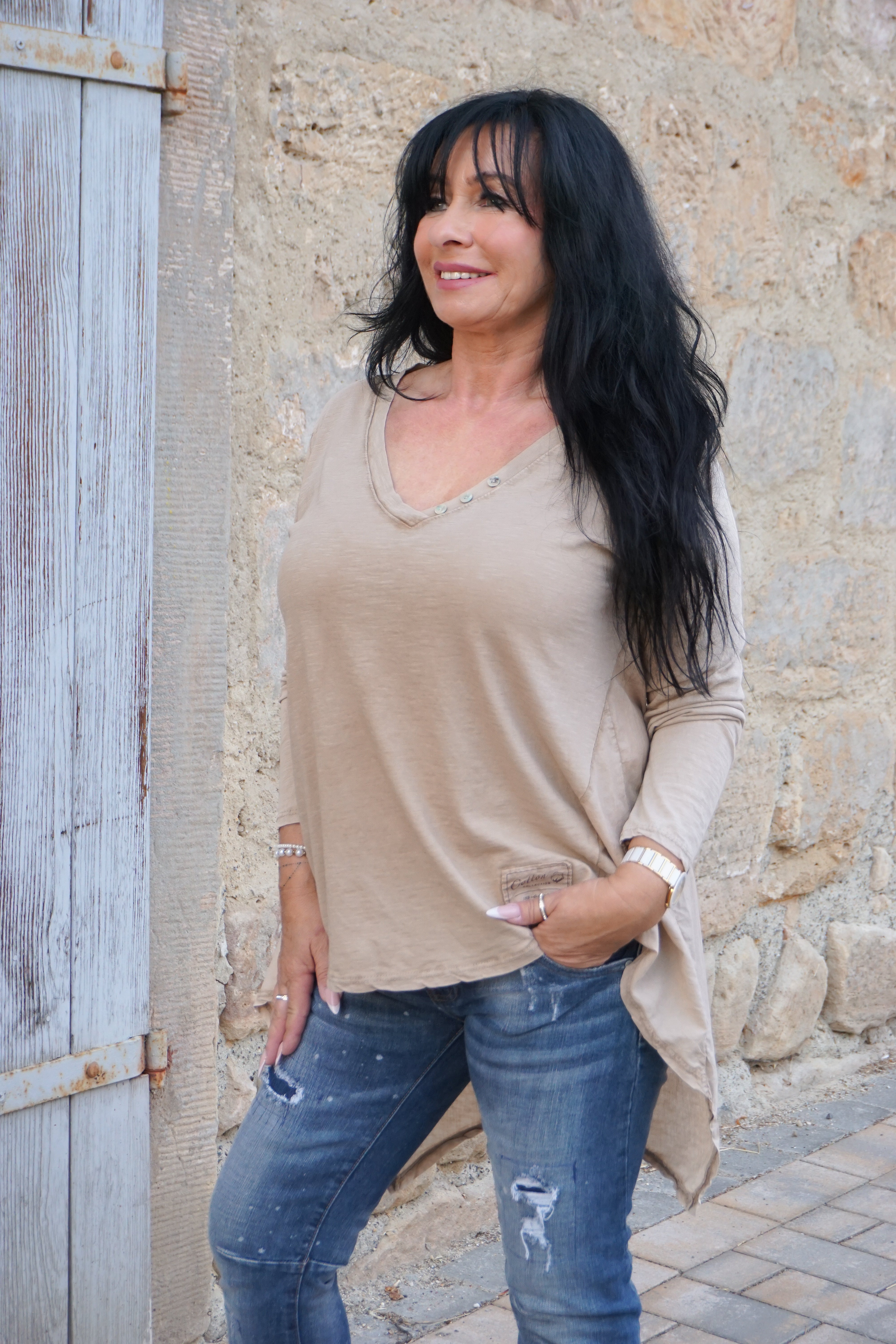 Langarmshirt mit verspieltem Schnitt, camel