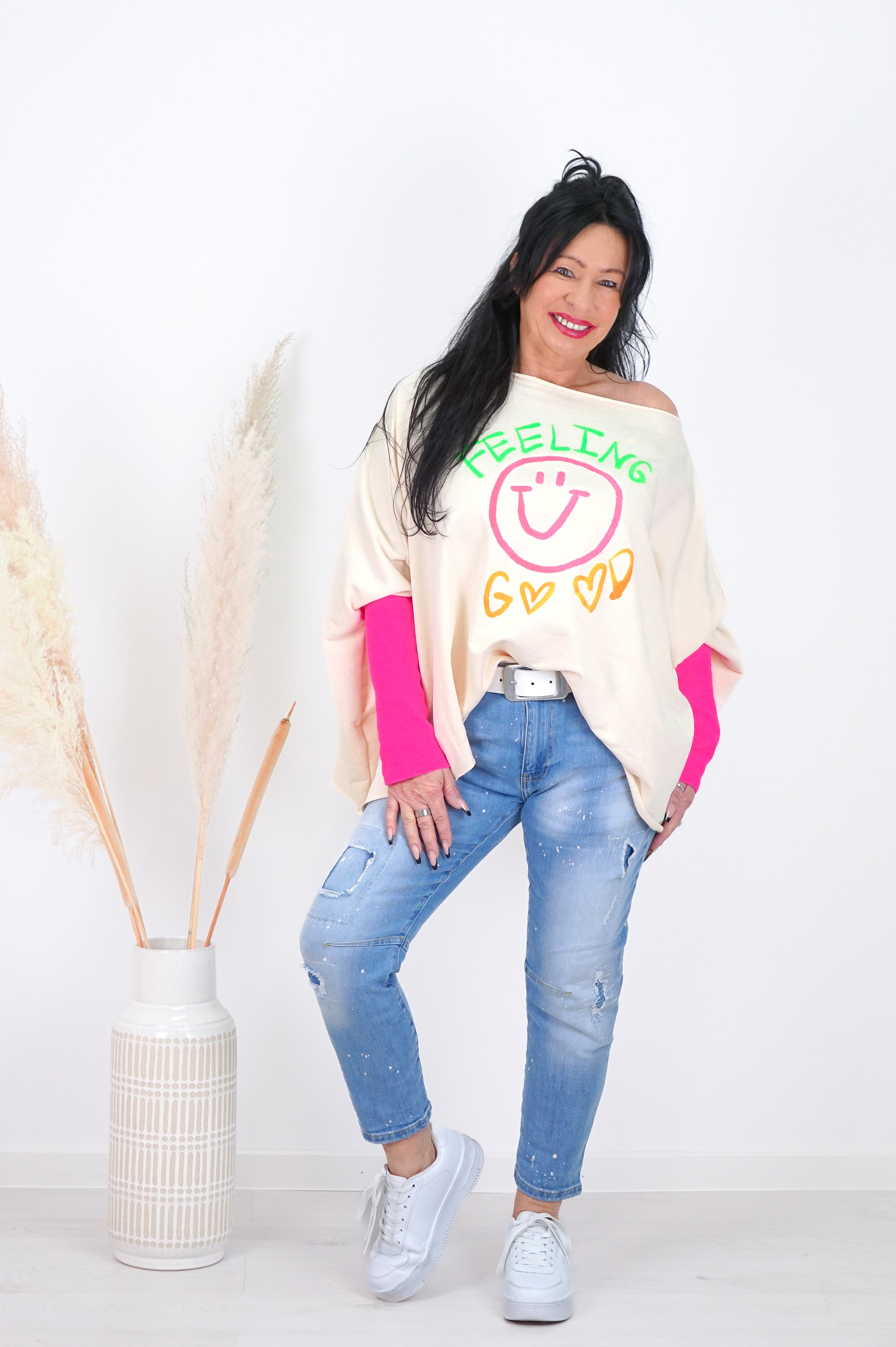 Zweite Wahl - Oversize Sweatshirt „Feeling Good“, beige - kein Umtausch