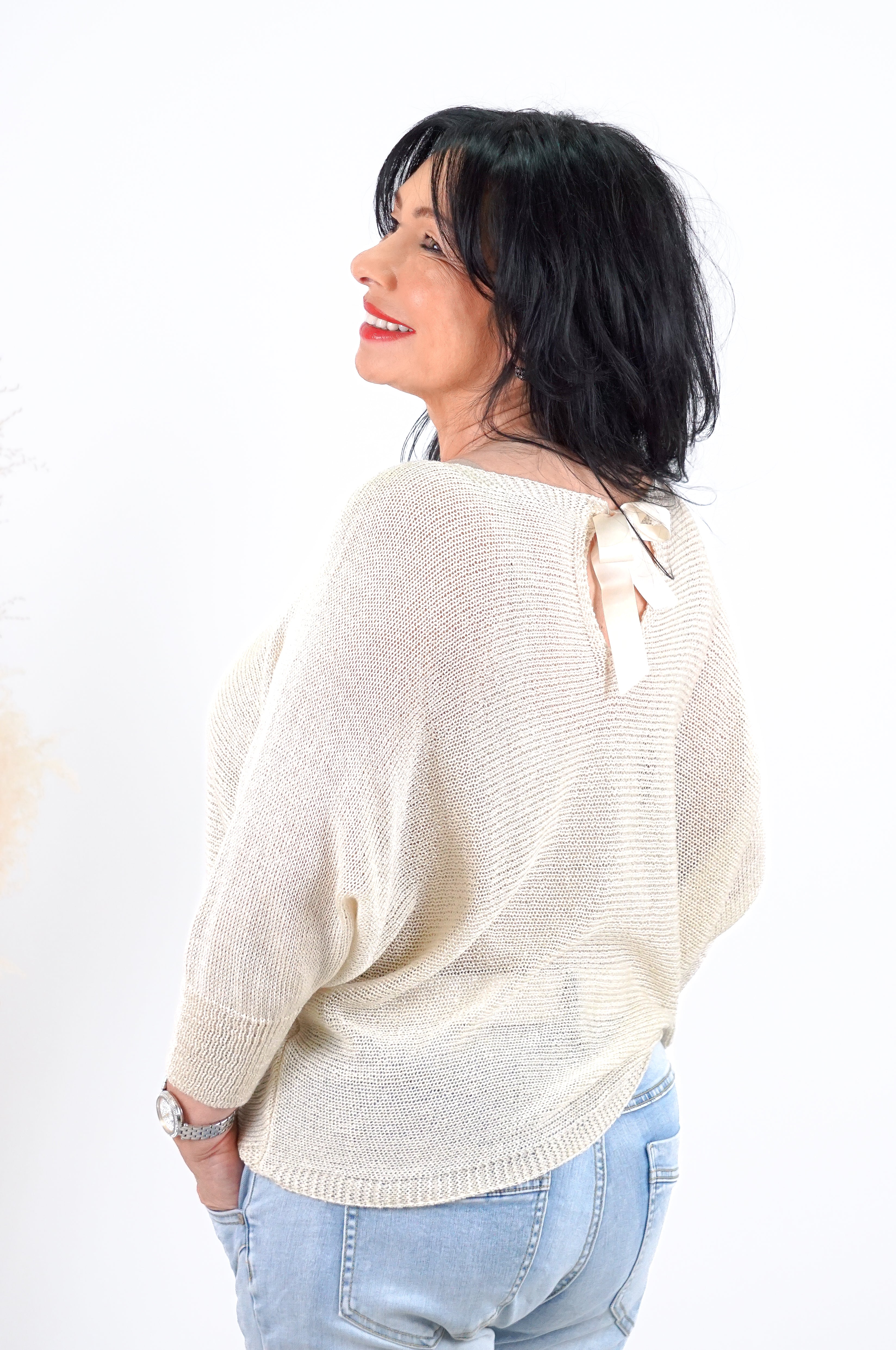 Häkelshirt mit Schleife, beige