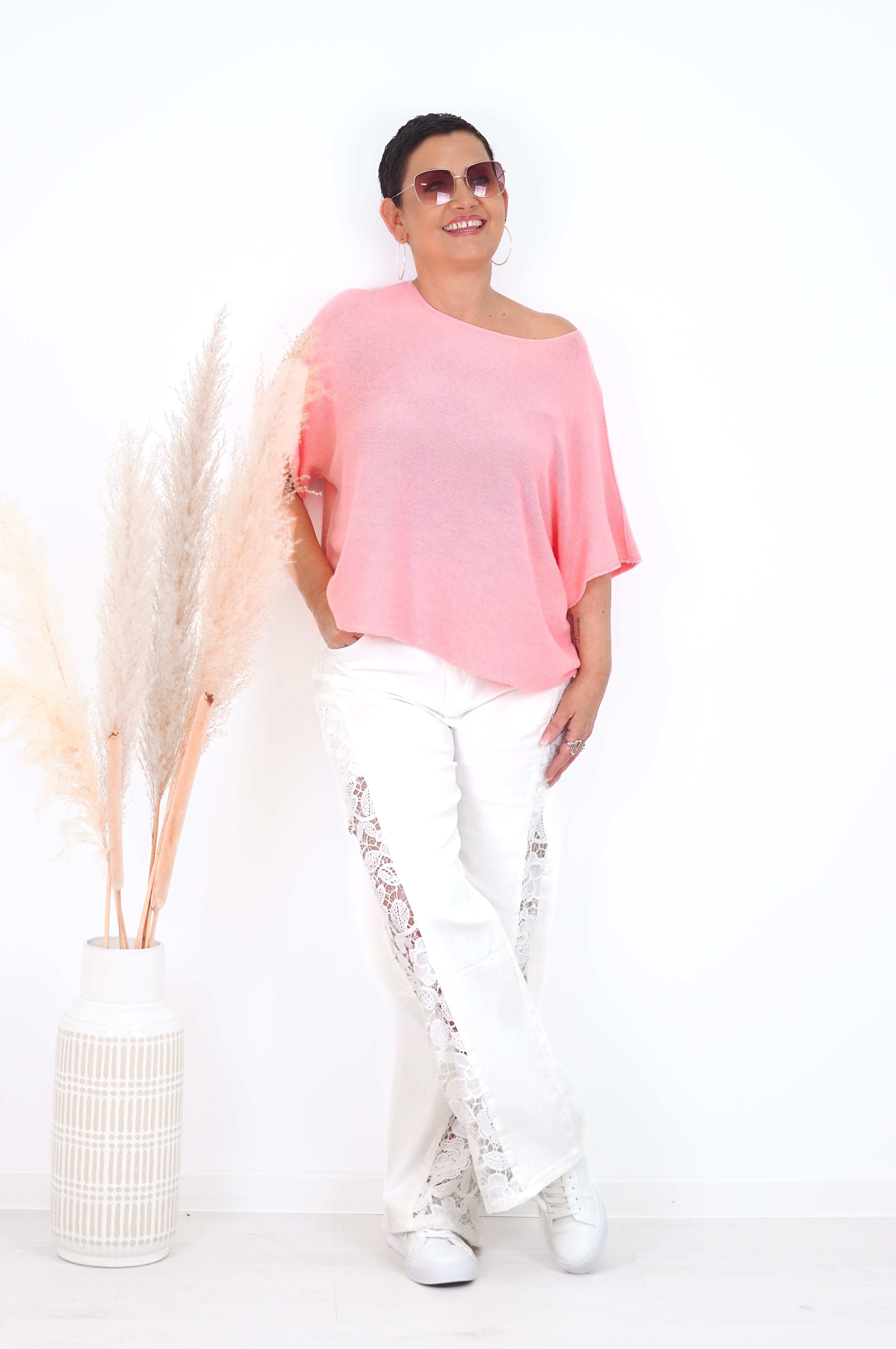 Basic kurzarm Feinstrickpulli, flamingo