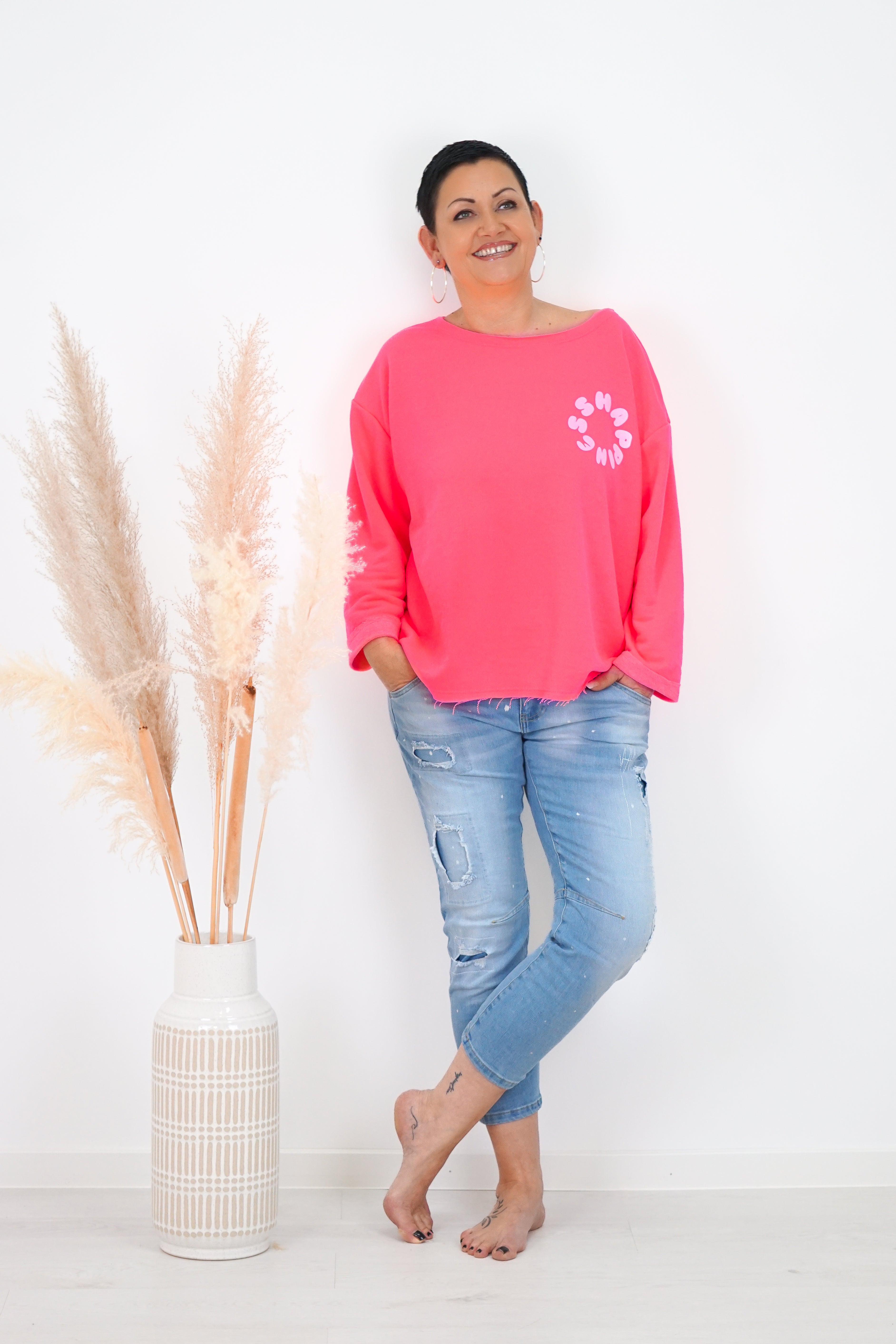 Sweatshirt "happy“, neonpink