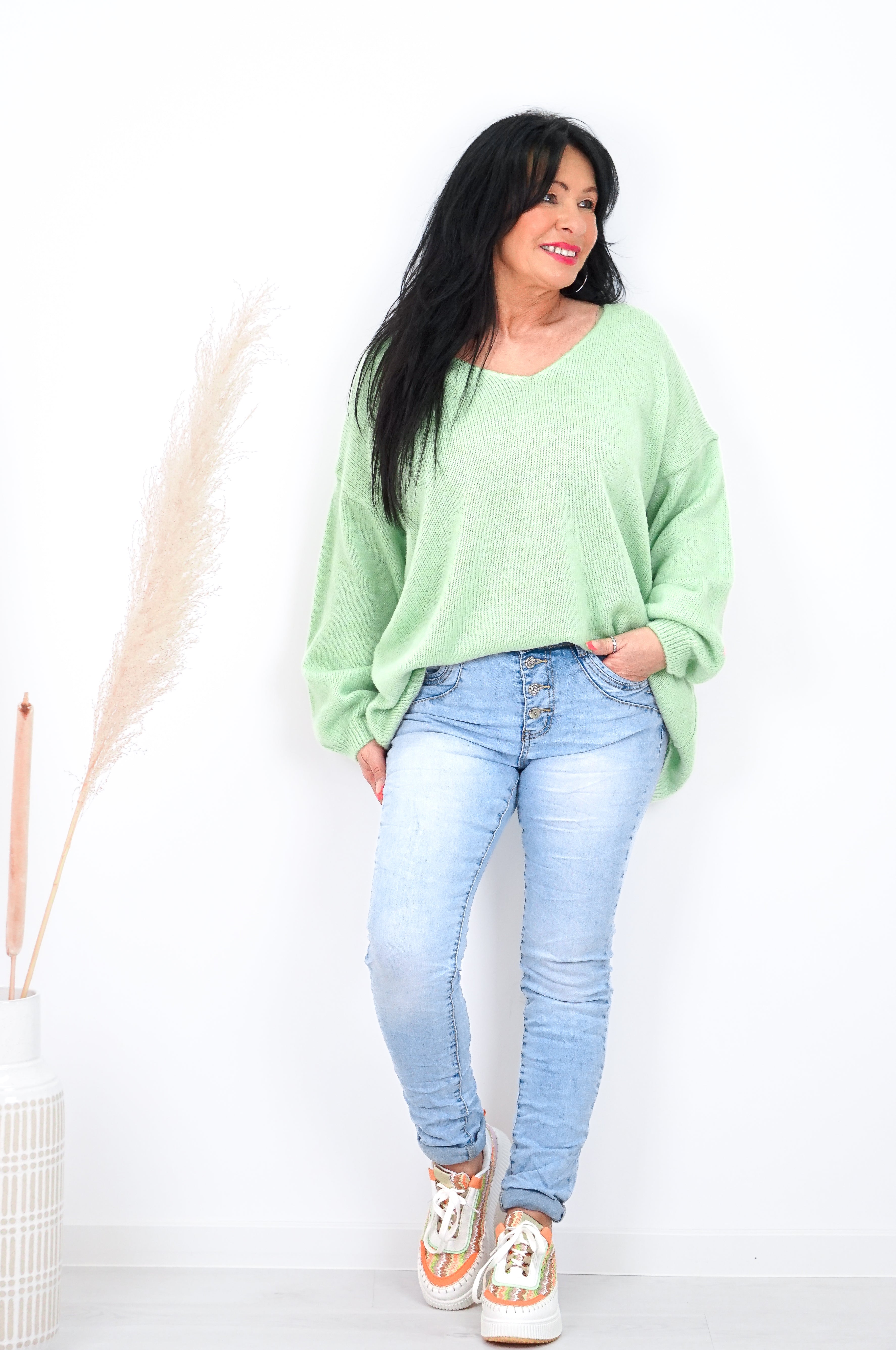 Strickpulli "all good", grün/rosa