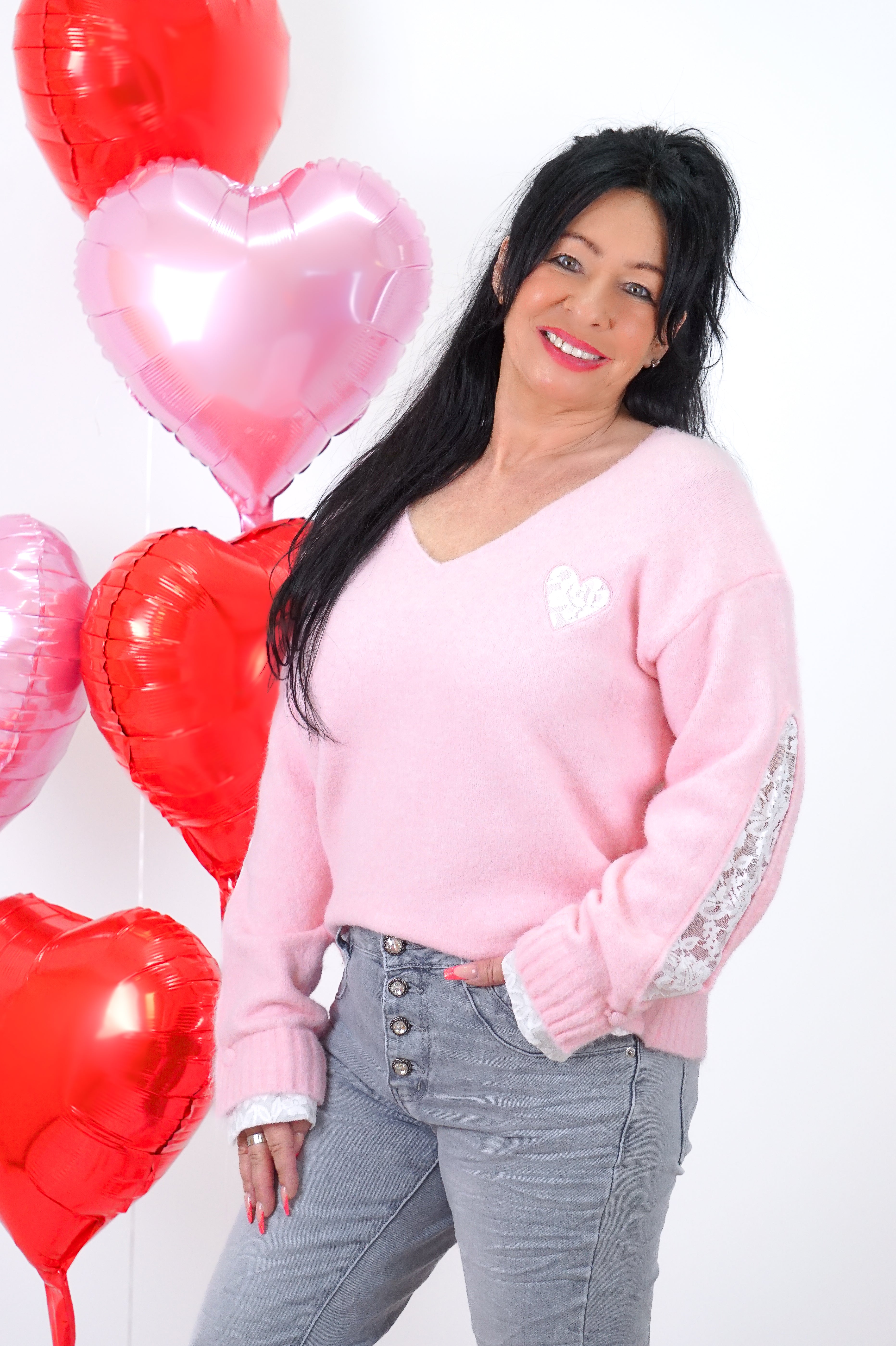 Feinstrickpulli mit Spitzendetails, rosa