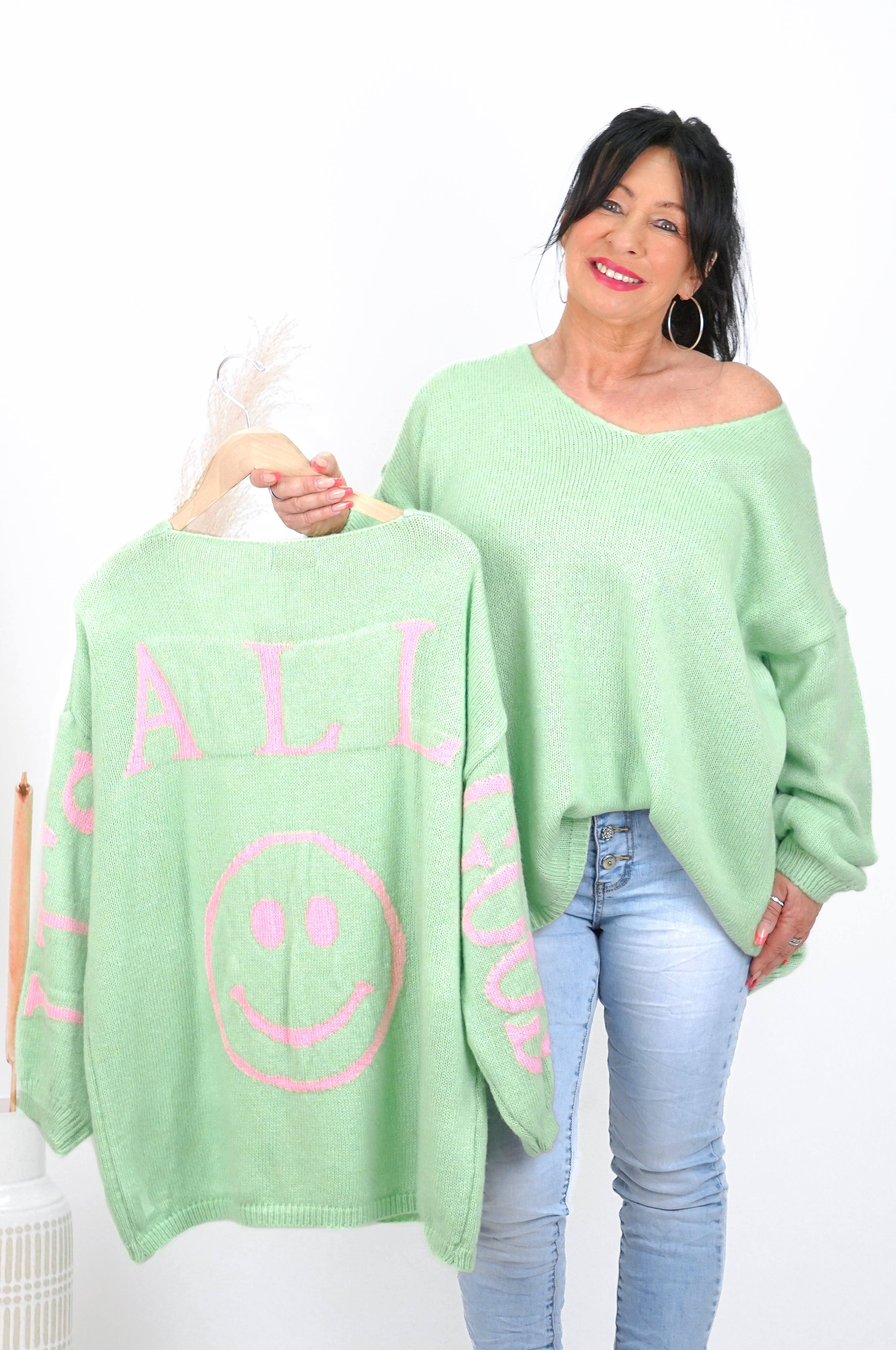 Strickpulli "all good", grün/rosa