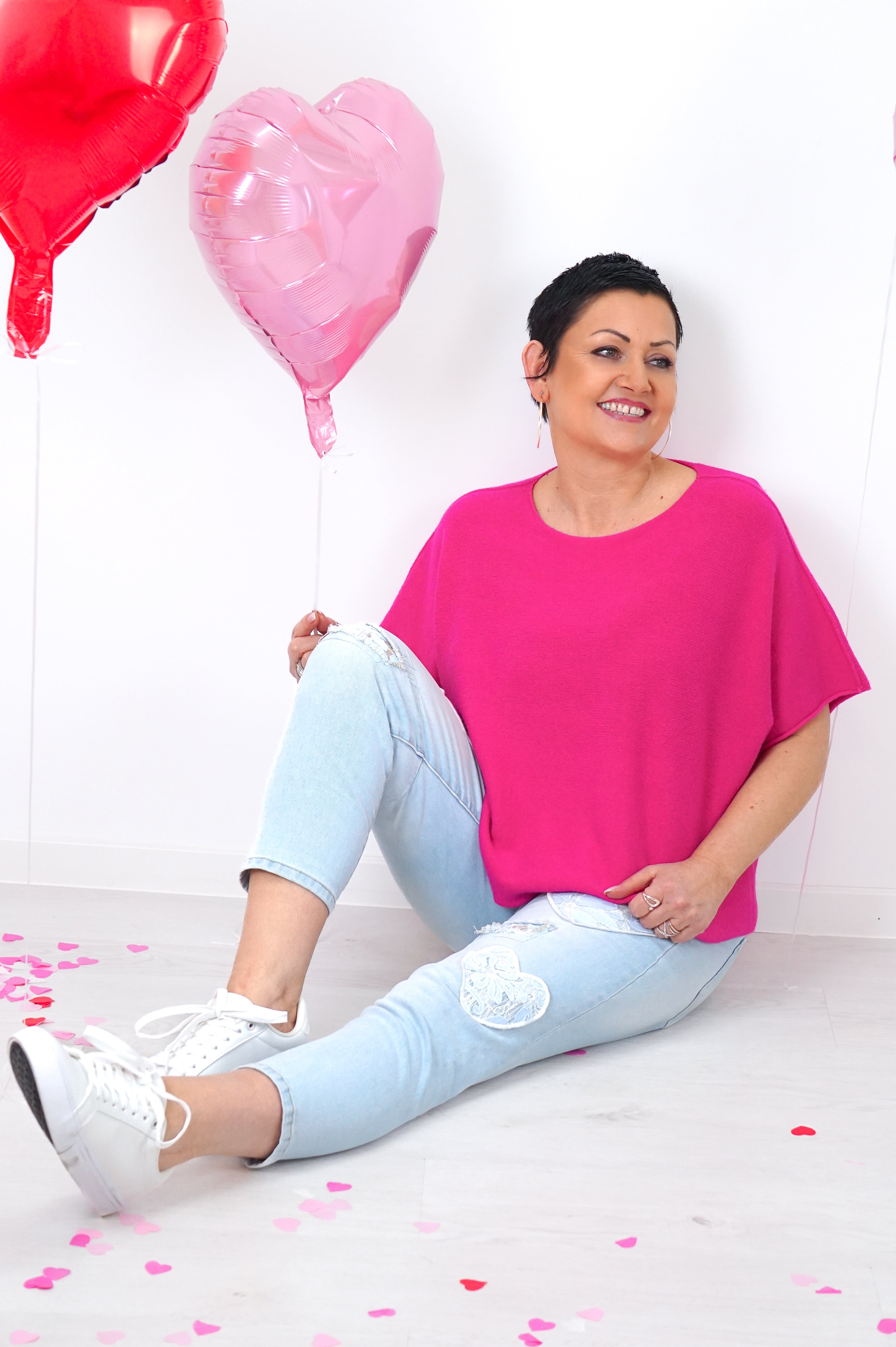 Basic kurzarm Feinstrickpulli, fuchsia