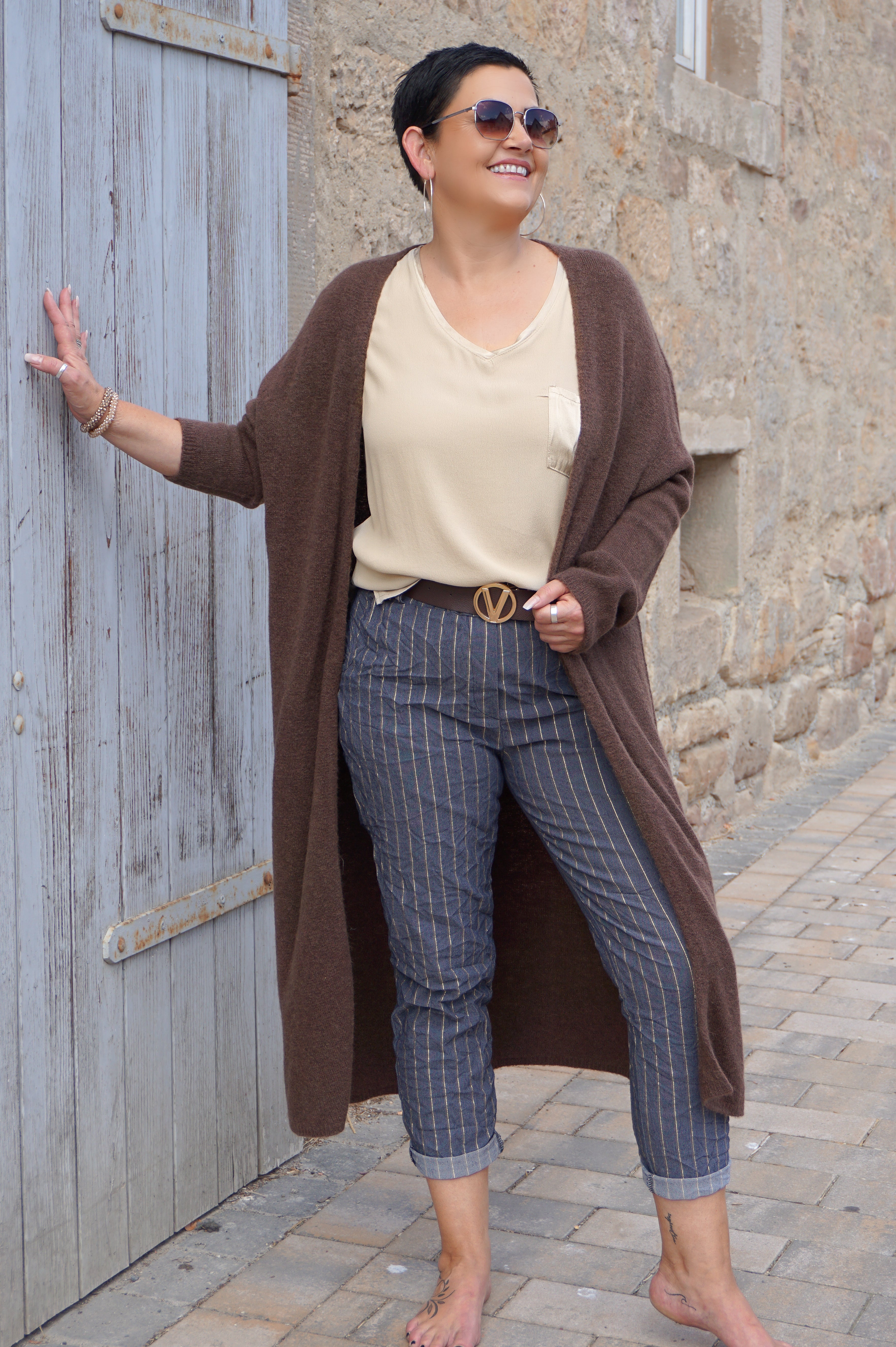 Jogpant mit Gürtel "golden Stripes", dunkelblau/schokobraun