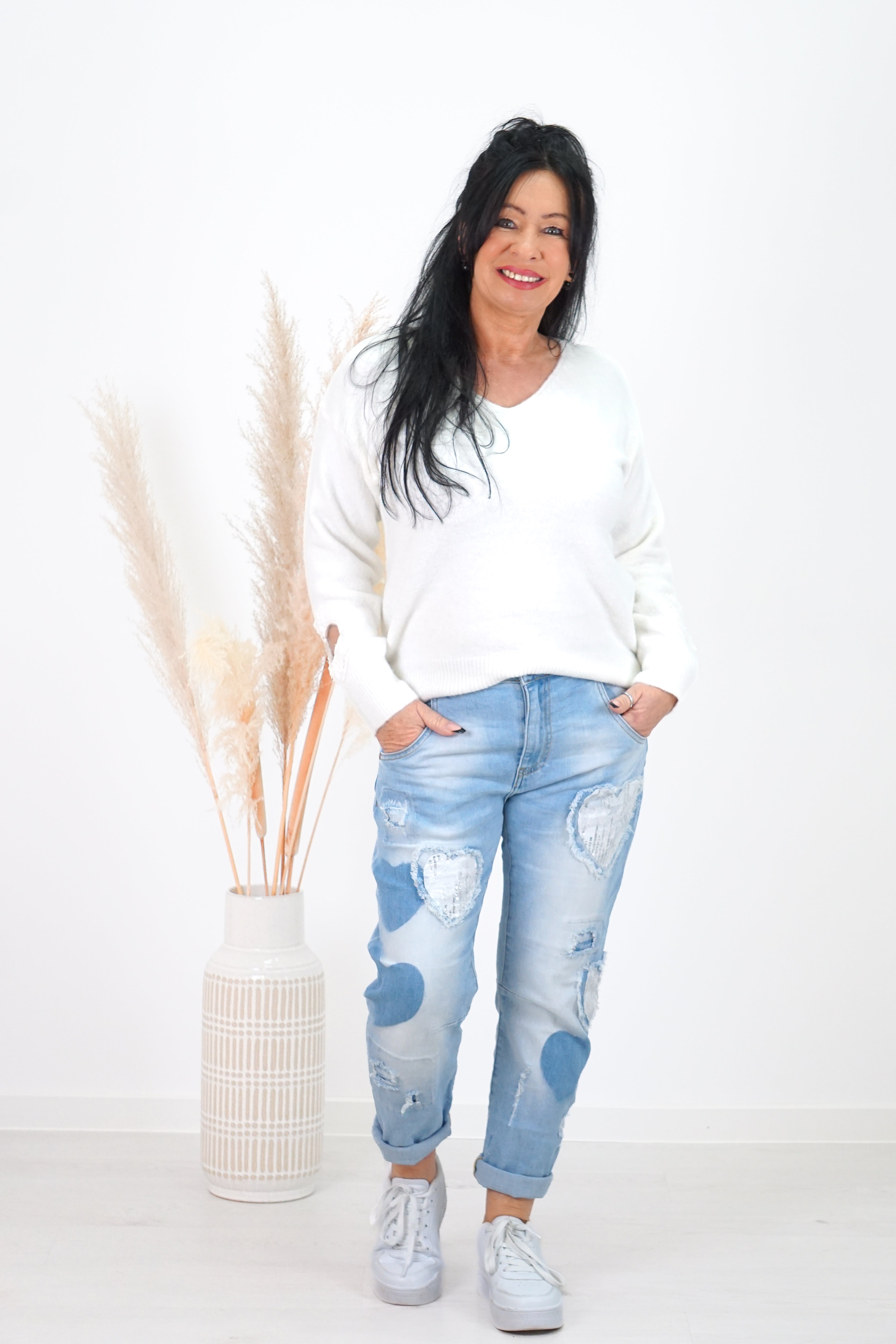 Feinstrickpulli „Hearts“, Off white