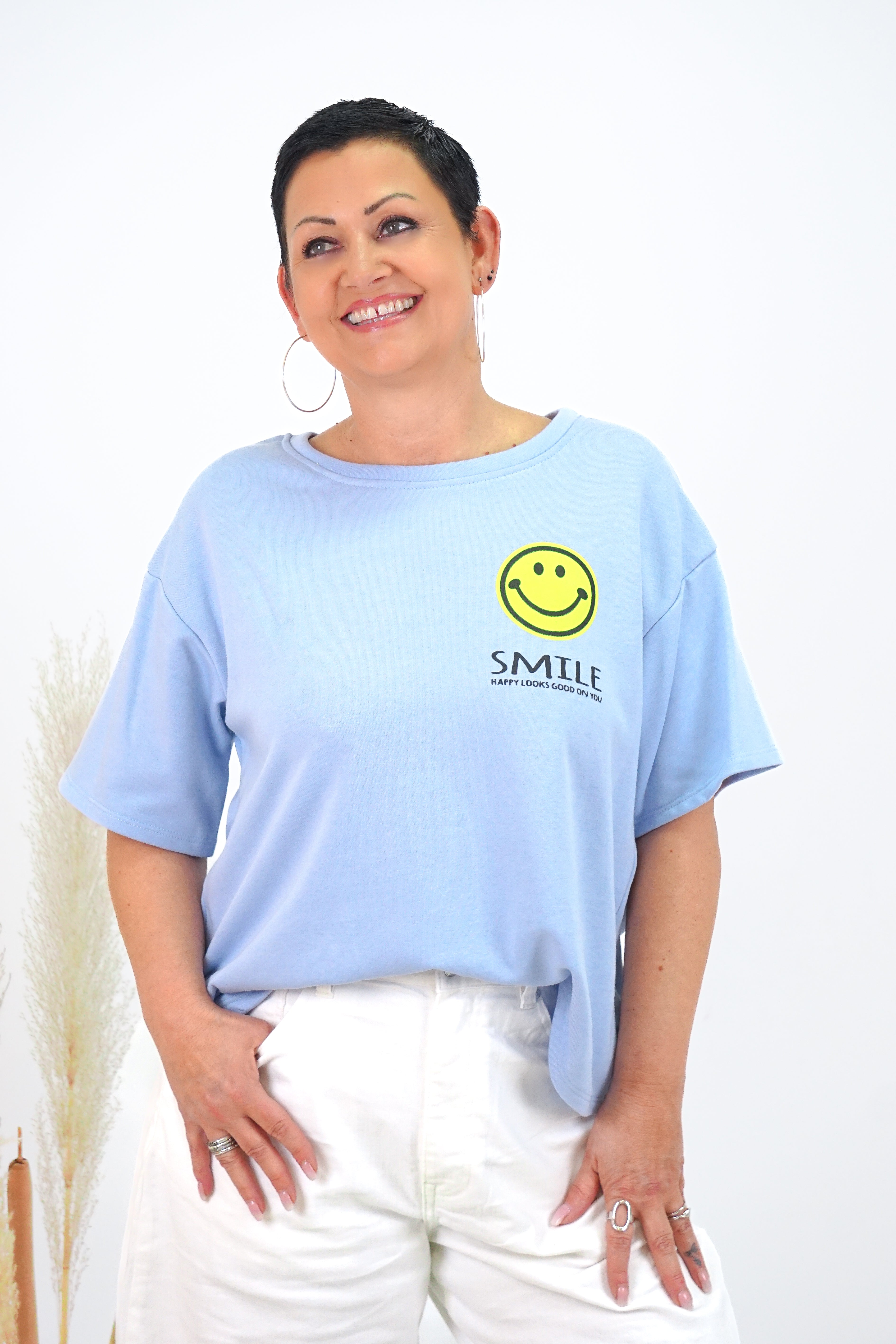 Kurzarm Sweatshirt "smile season“, hellblau