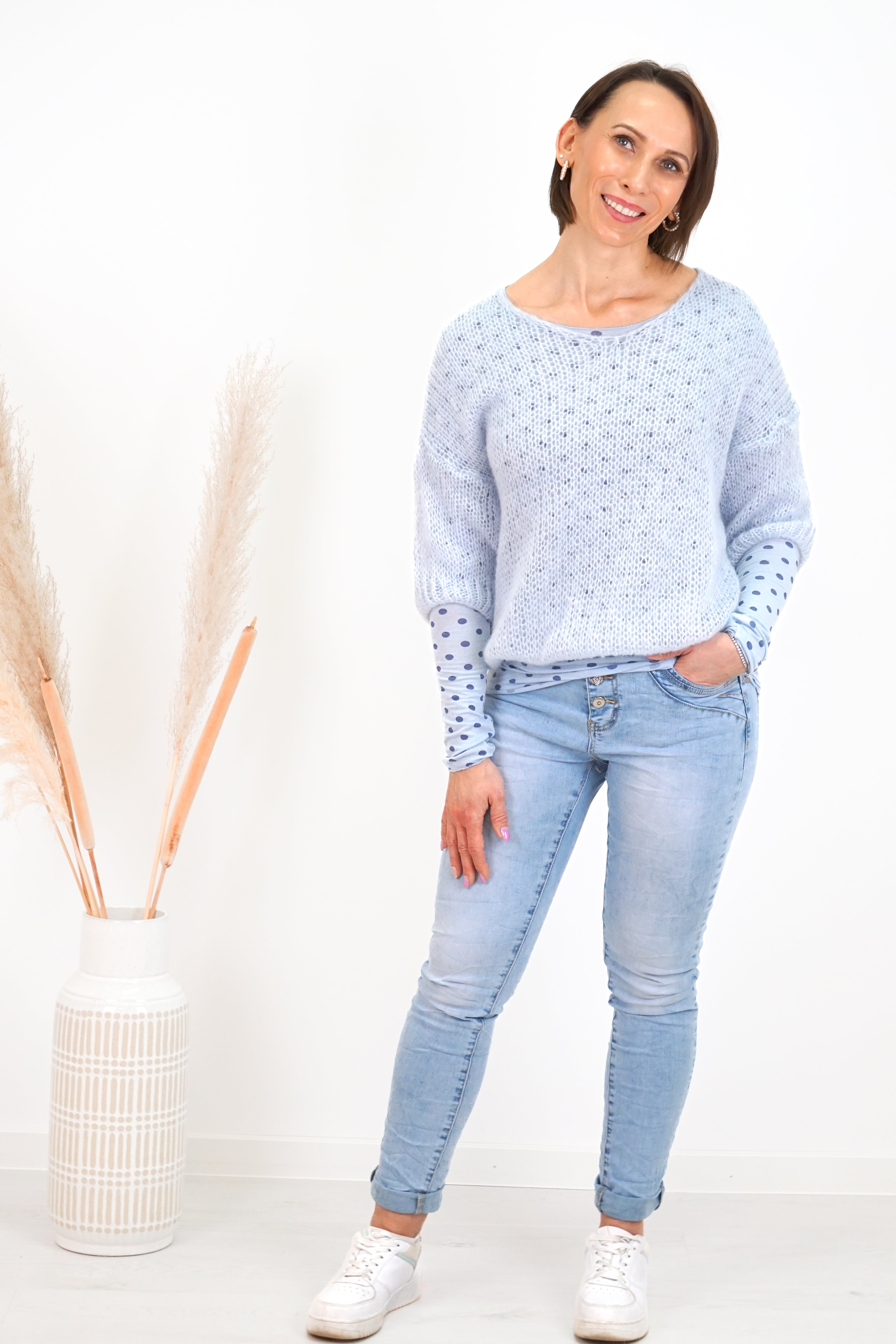 Leichter Kurzarm Strickpulli, hellblau