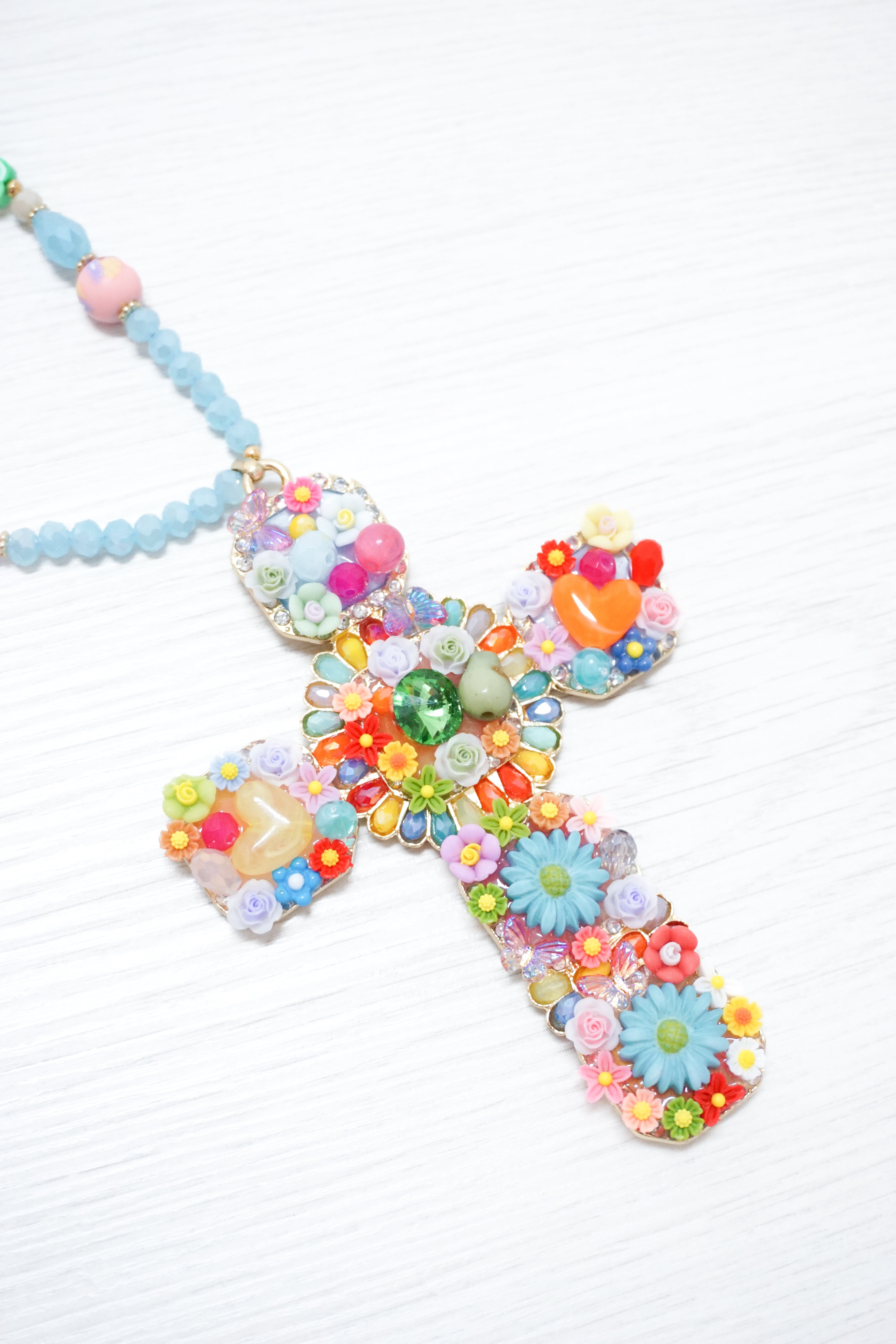 Lange Kreuz Kette "Flower" bunt