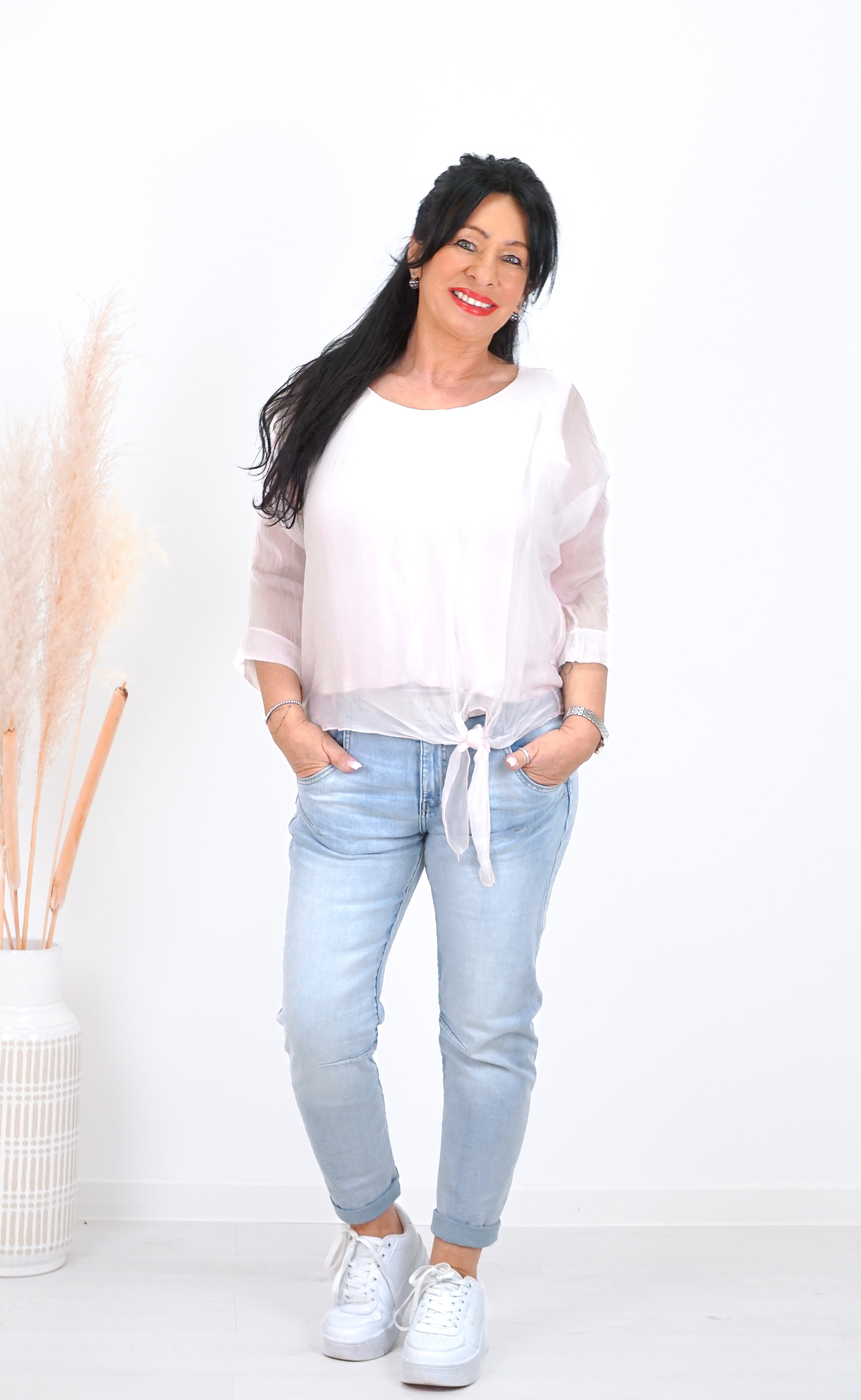 Seiden Shirt mit Knoten Detail, puderrosa