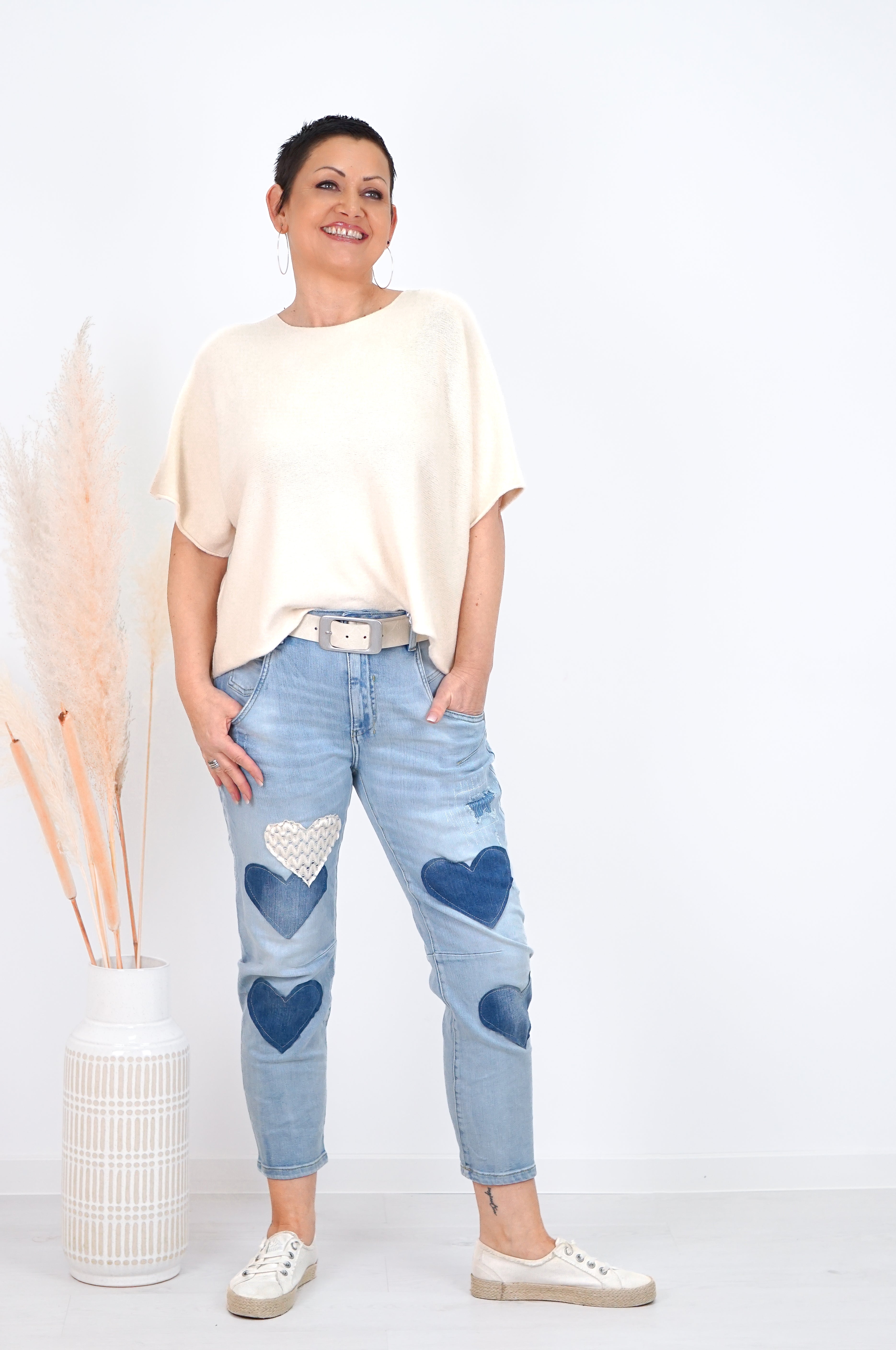 Basic kurzarm Feinstrickpulli, beige