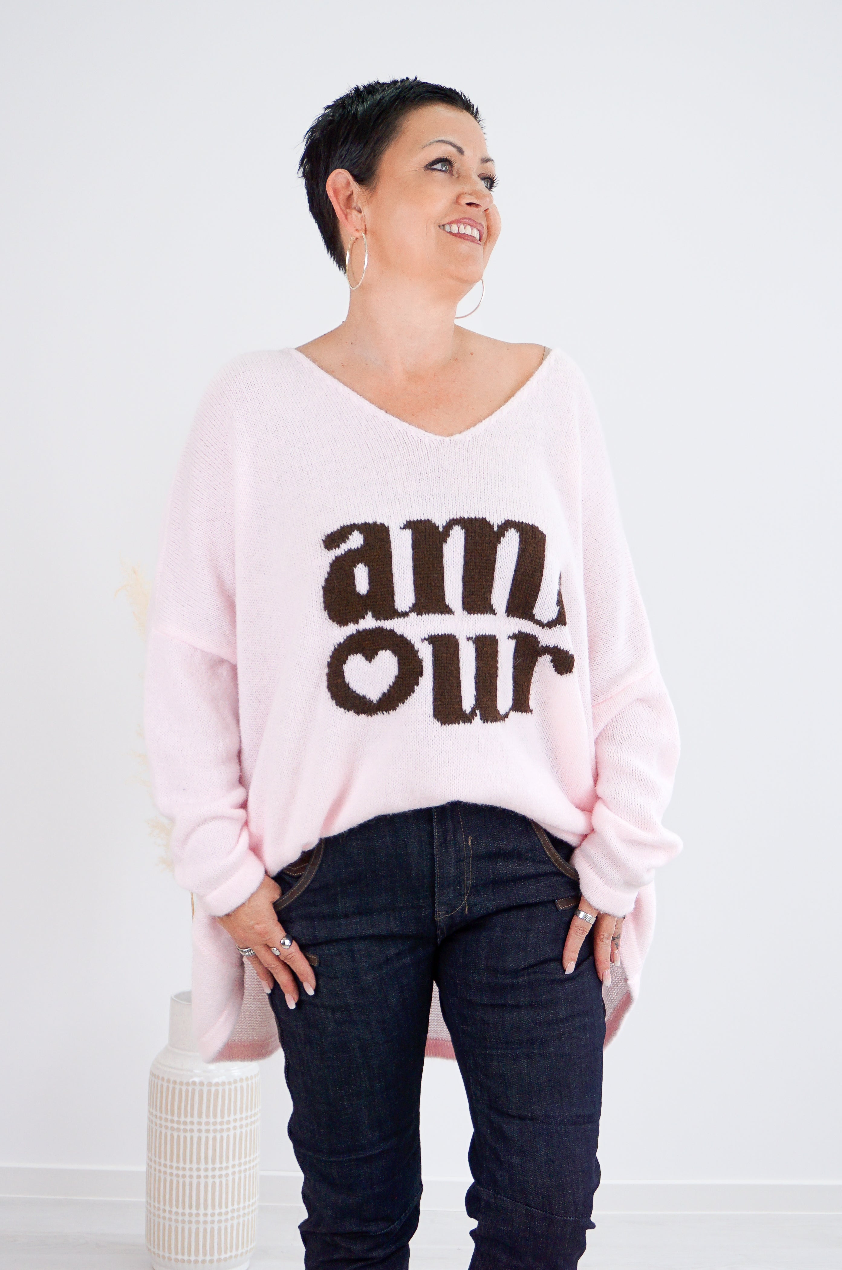 Strickpulli "amour", rosa/schokobraun
