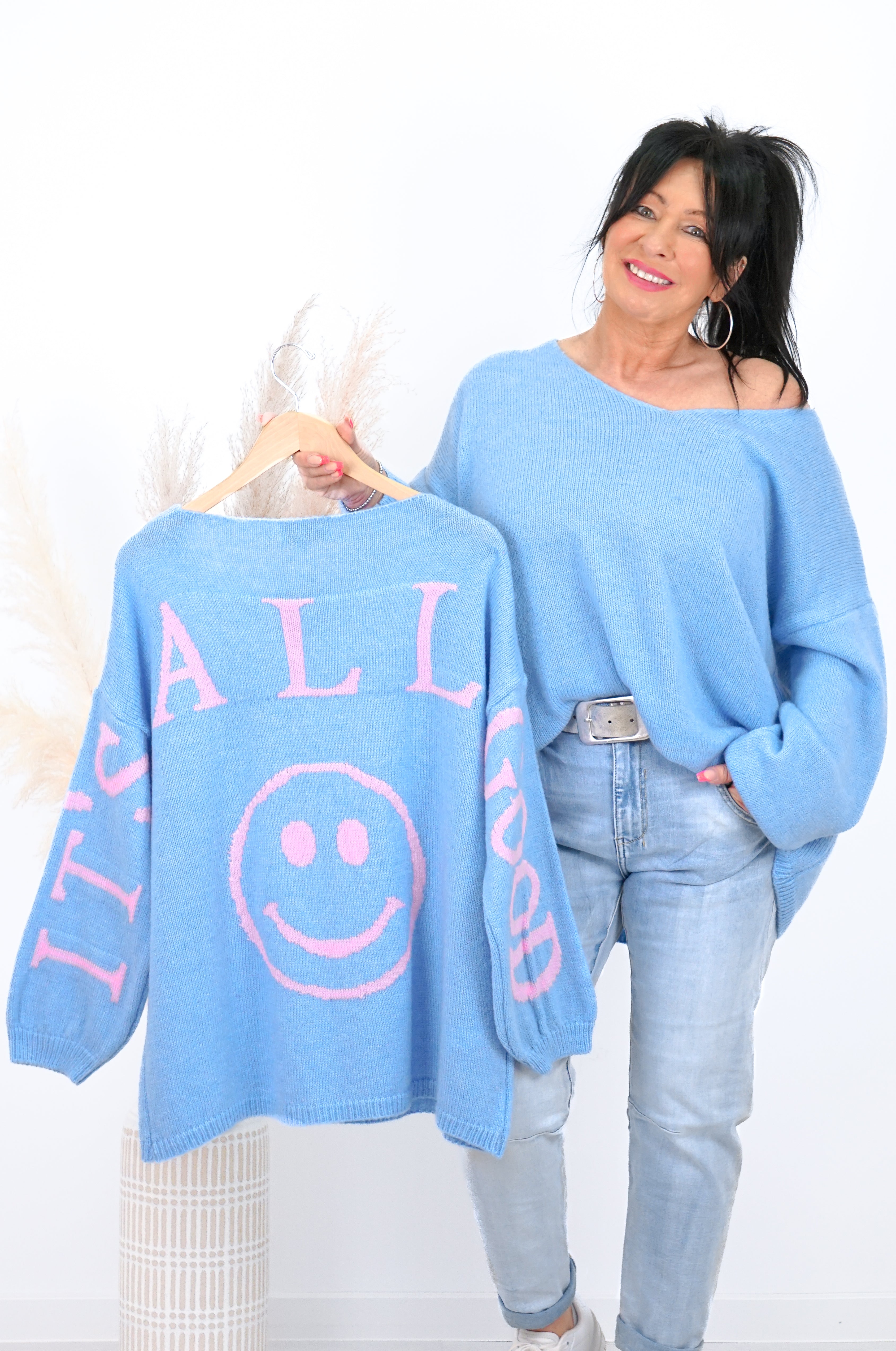 Strickpulli "all good", blau/rosa