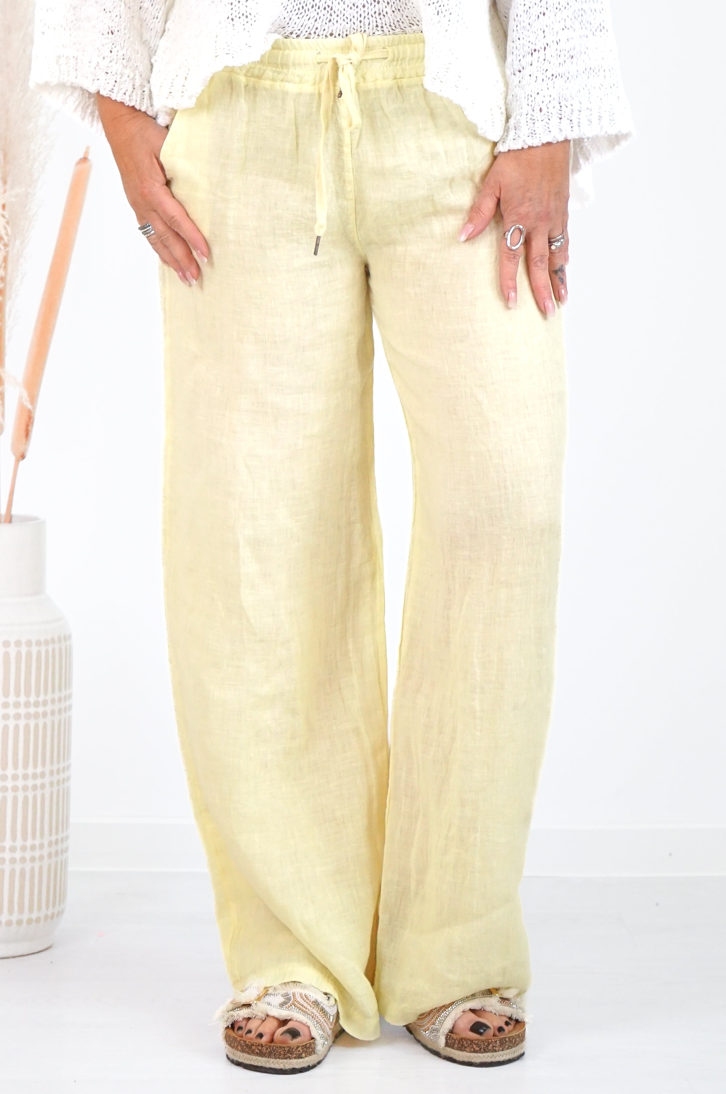 Leinenhose mit geradem Bein, pastellgelb