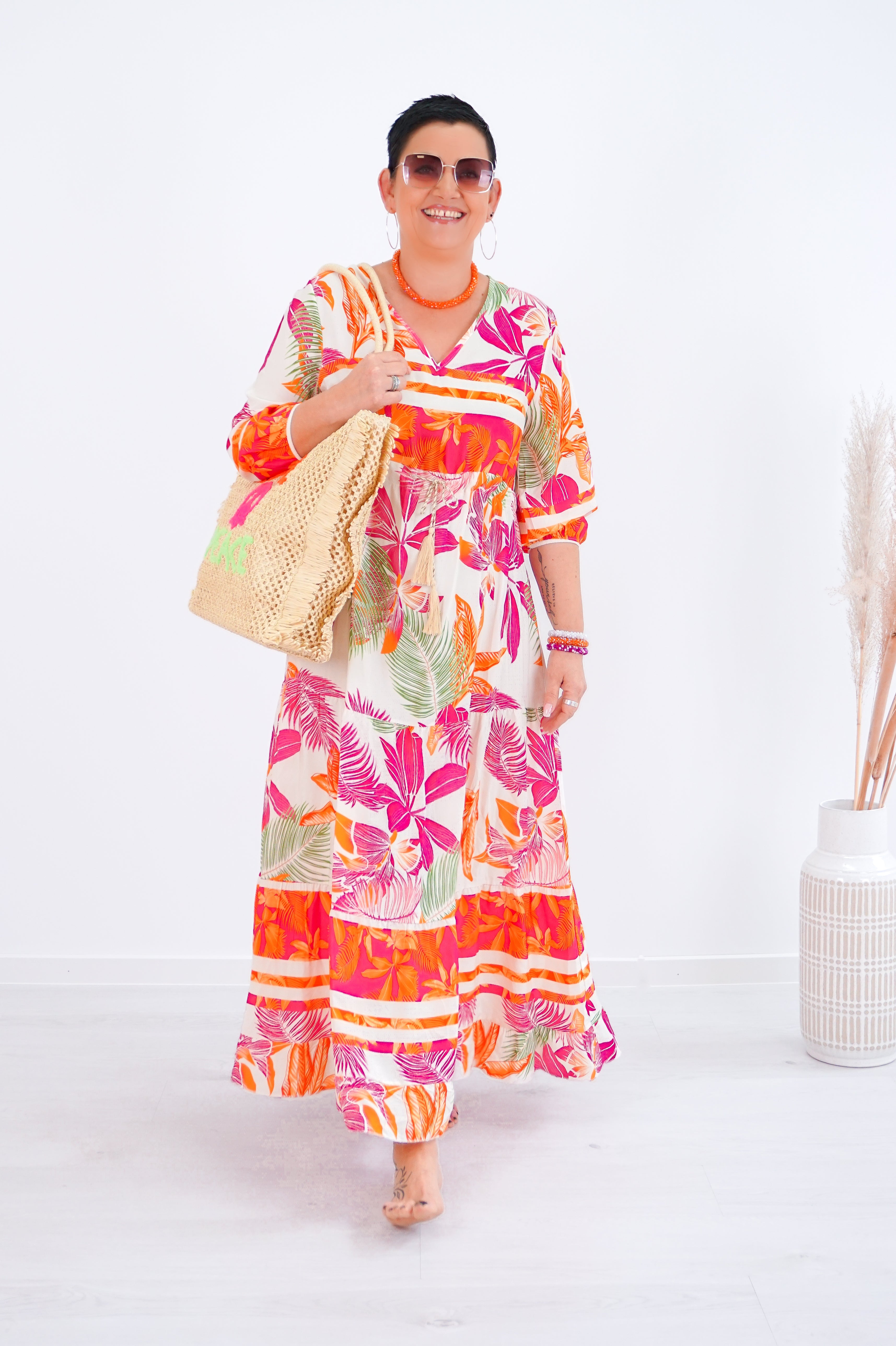 Zweite Wahl - Langes Kleid mit Print “summer“, pink - vom Umtausch ausgeschlossen