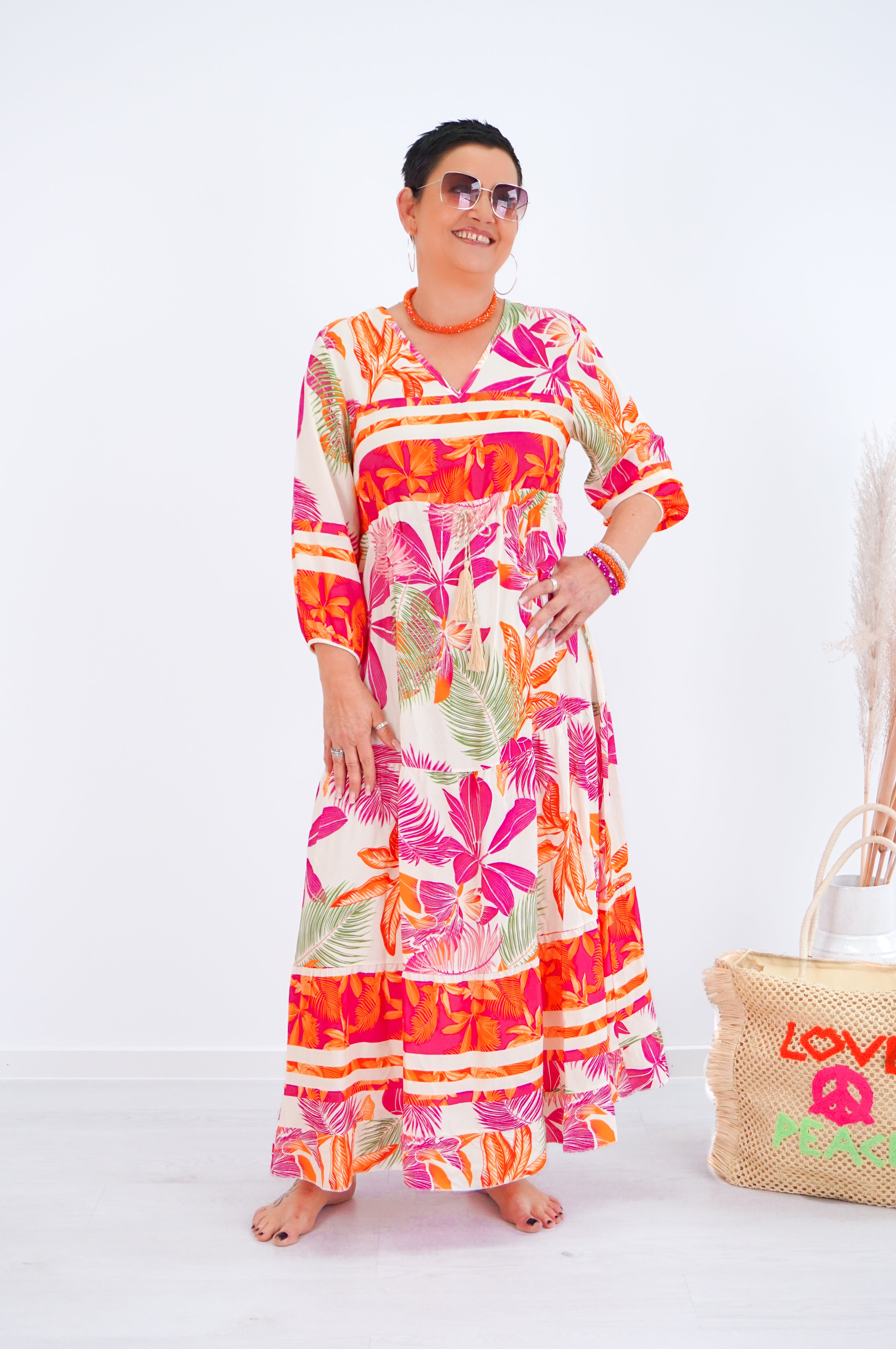 Zweite Wahl - Langes Kleid mit Print “summer“, pink - vom Umtausch ausgeschlossen