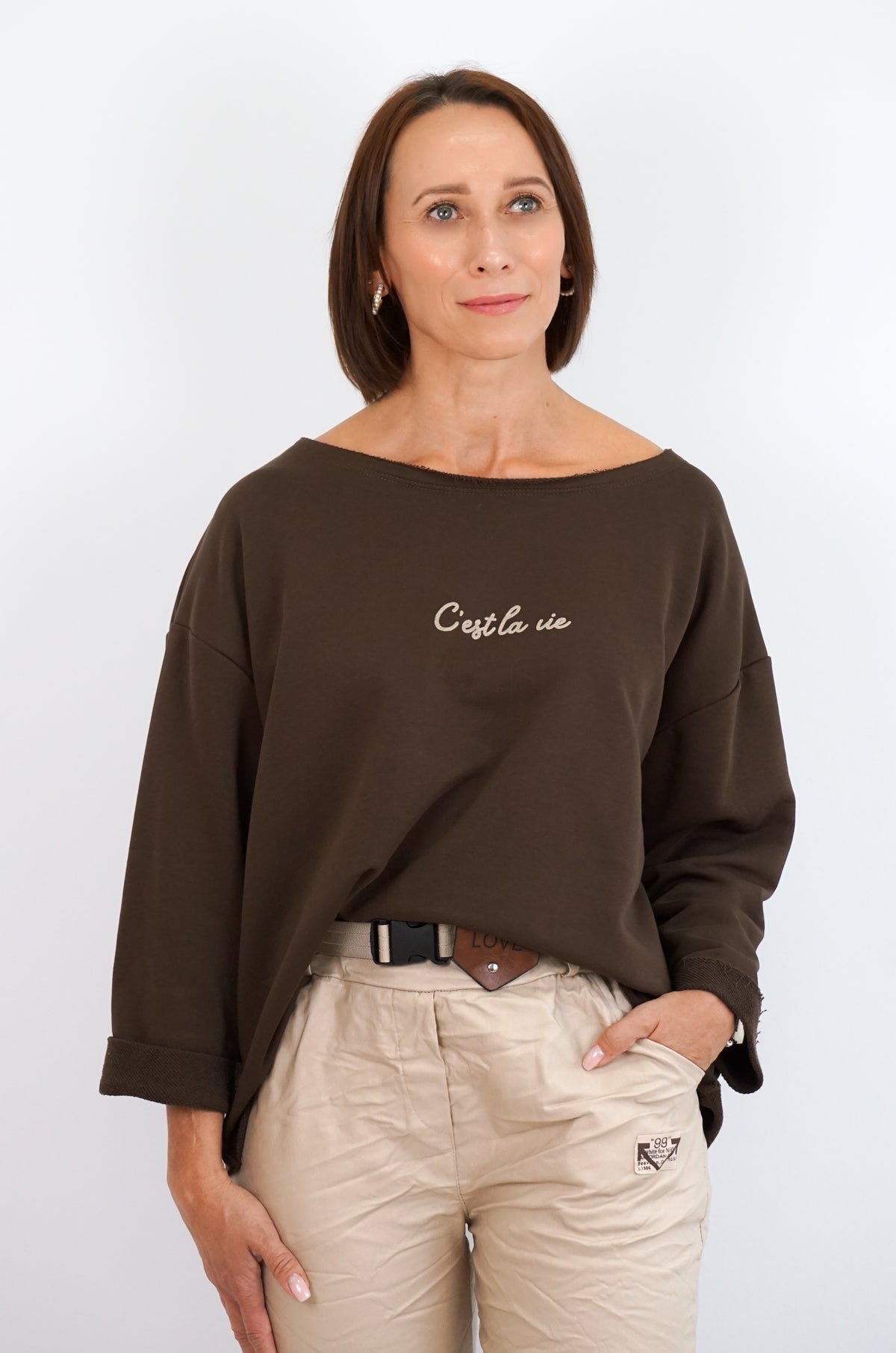 Sweatshirt „c’est la vie“, schokobraun