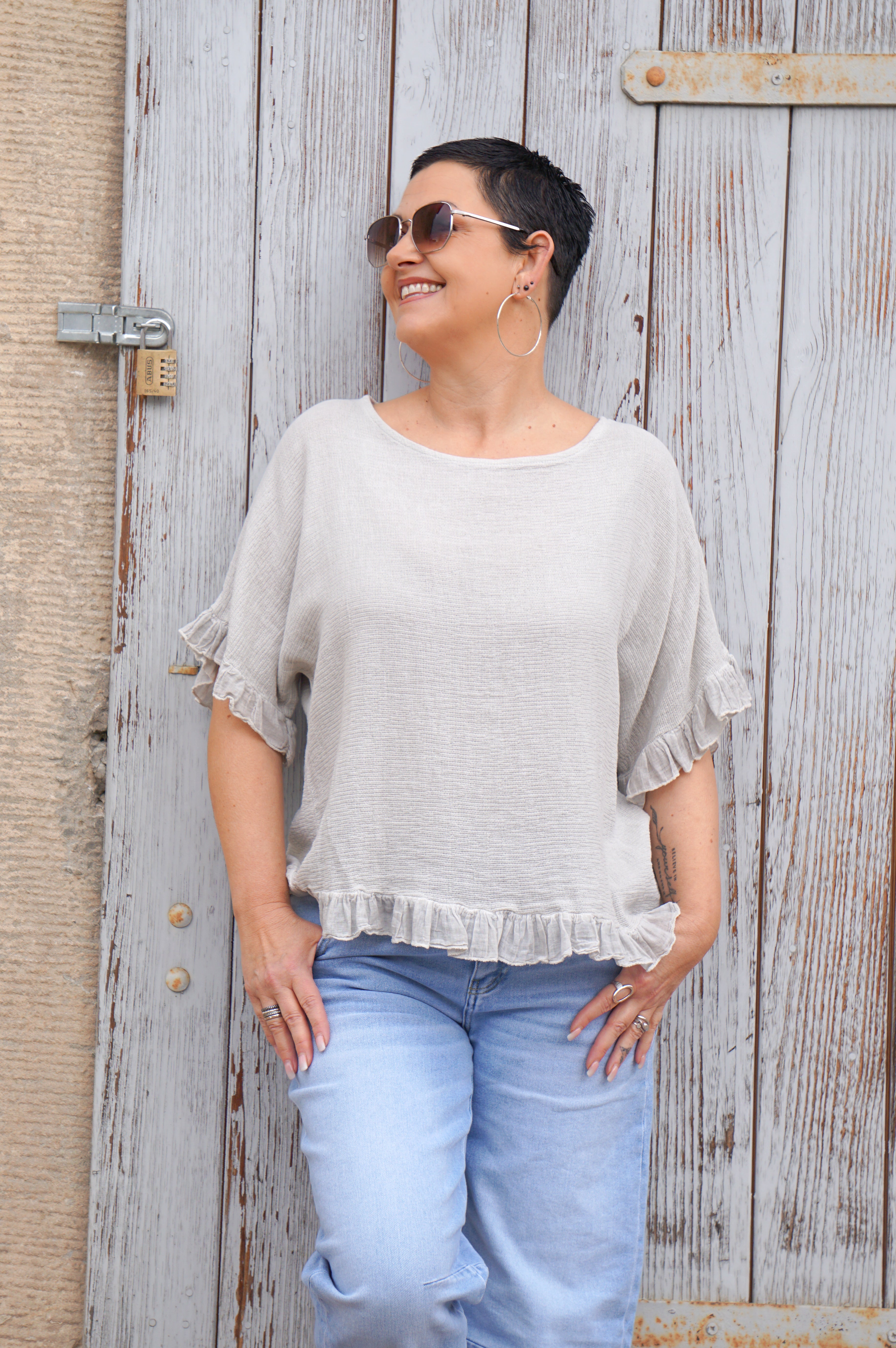 T-Shirt mit Rüschen, beige/taupe