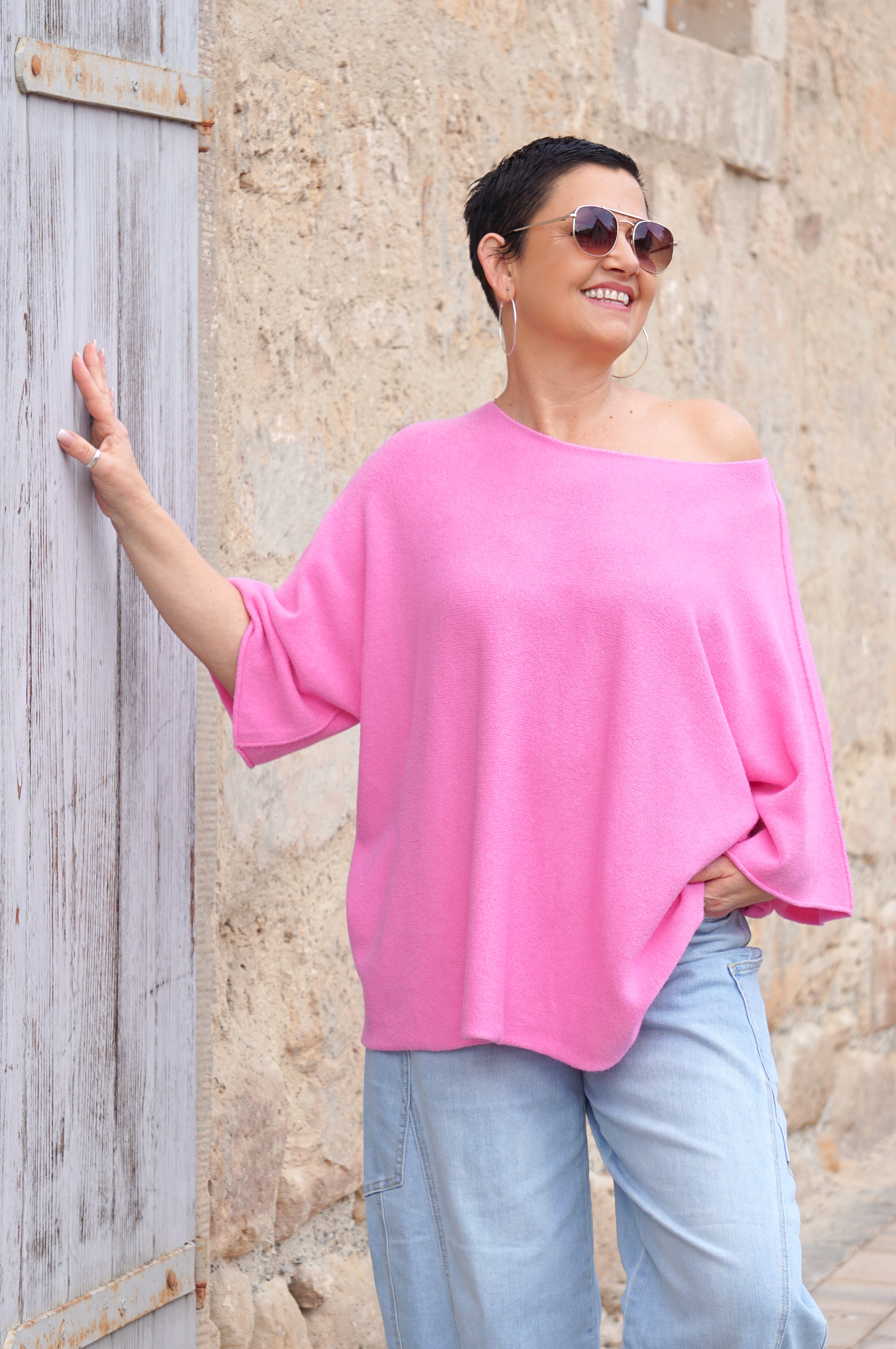 Basic kurzarm Feinstrickpulli (curvy), candy pink