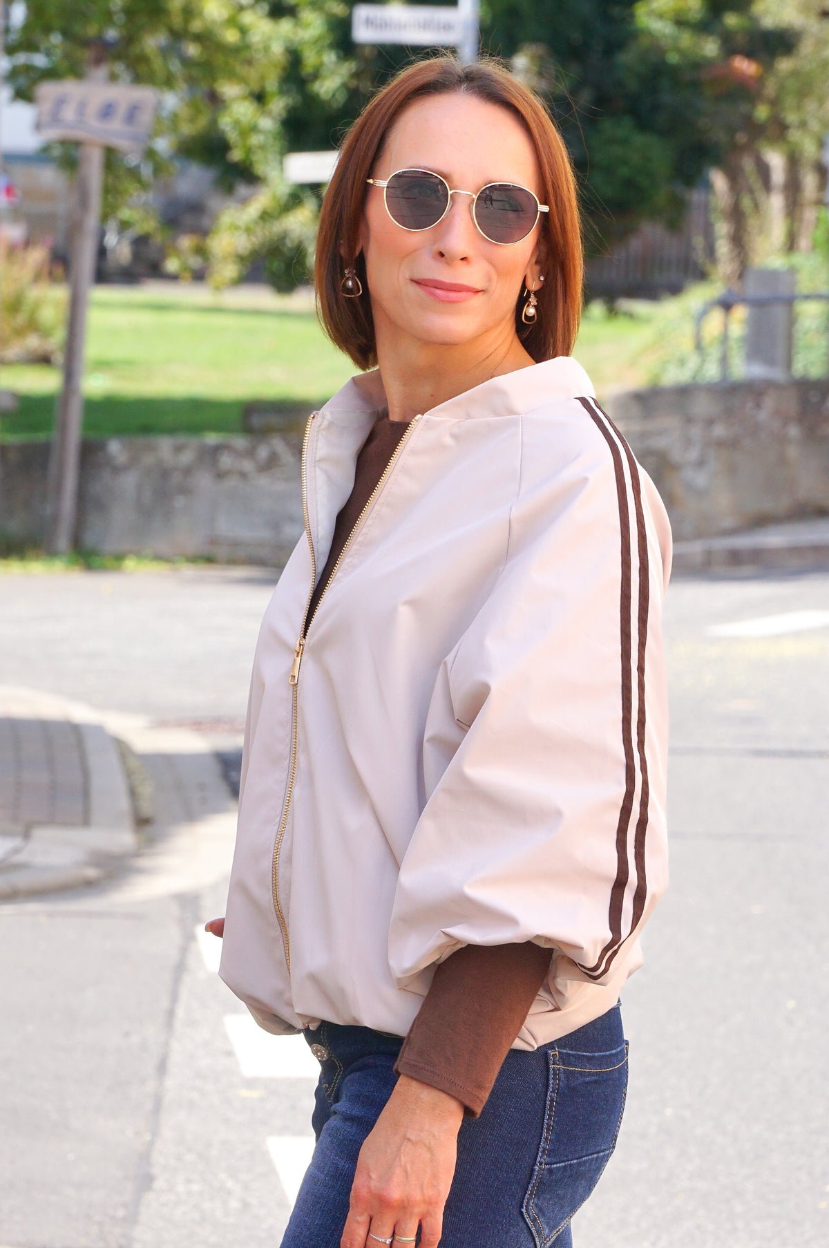 Ballonjacke mit 3/4 Ärmel, hellbeige/schokobraun
