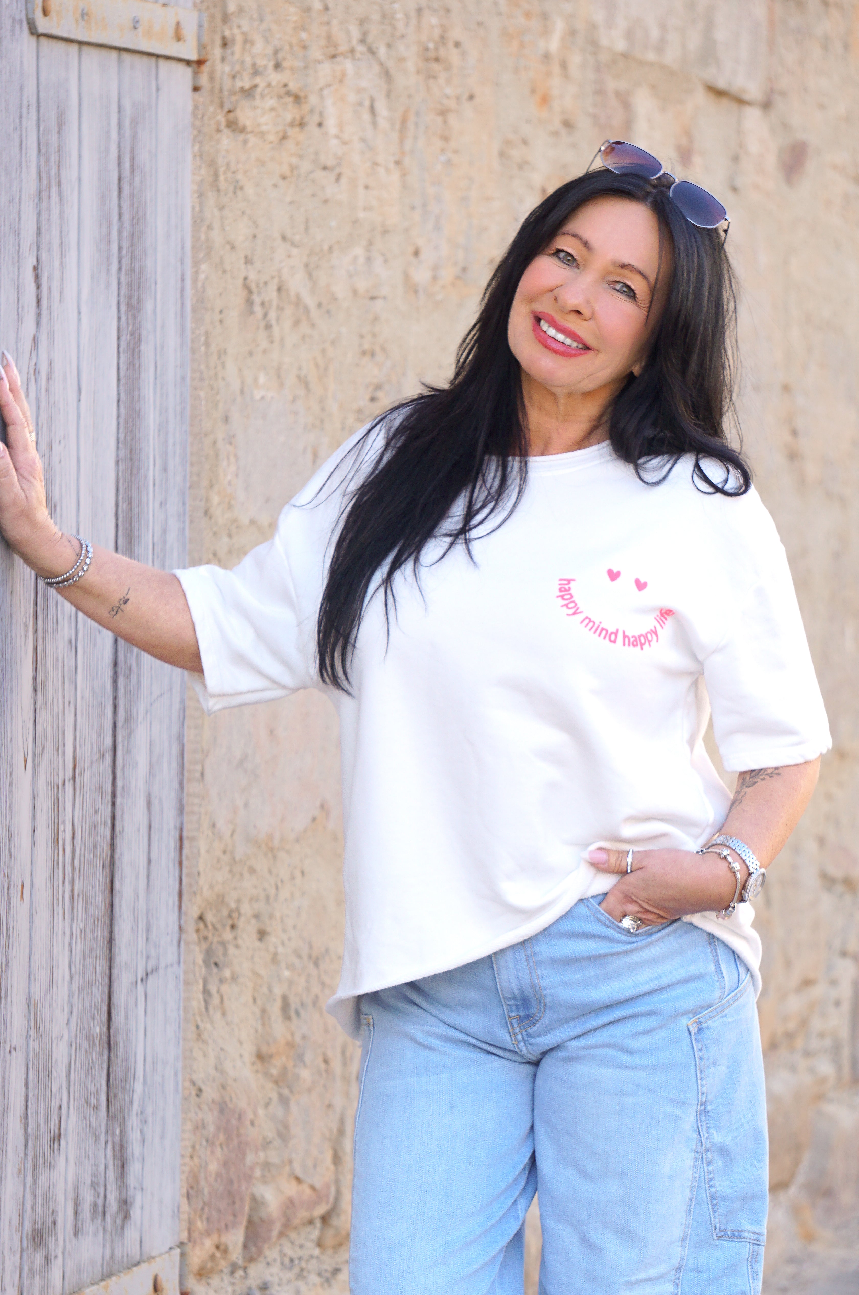 Kurzarm Sweatshirt "happy mind happy life“