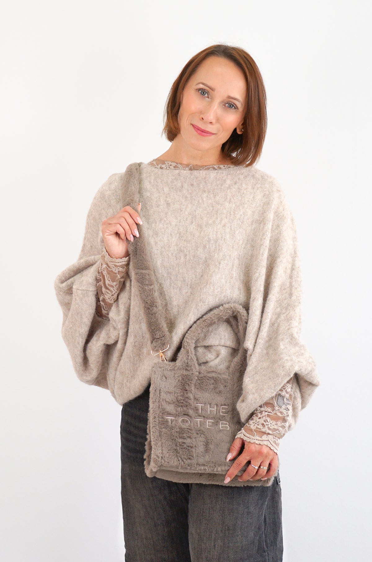 Weiter Kurzarm Strickpulli, beige