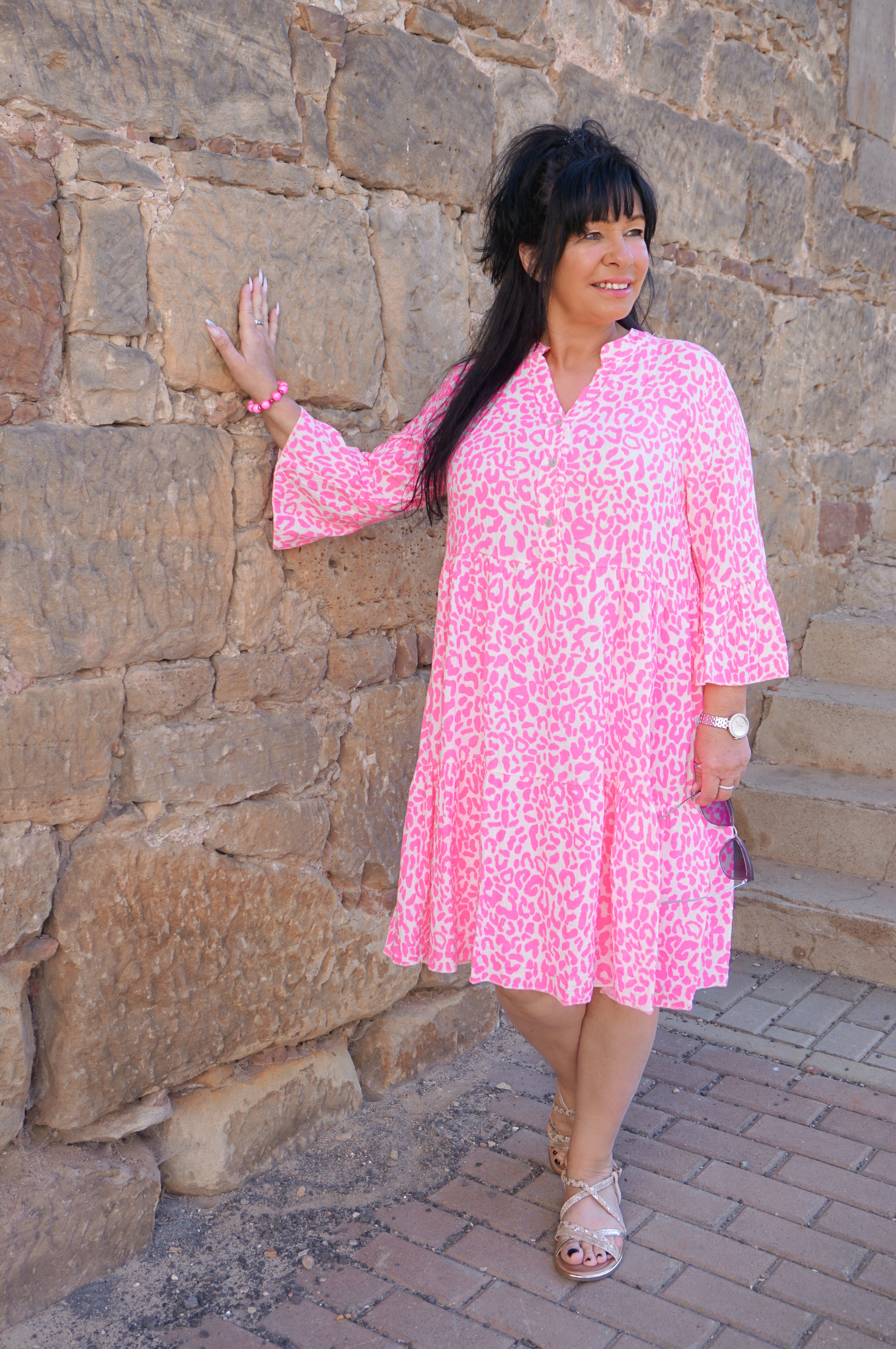 Musselin Tunika mit Leo Print, neonpink