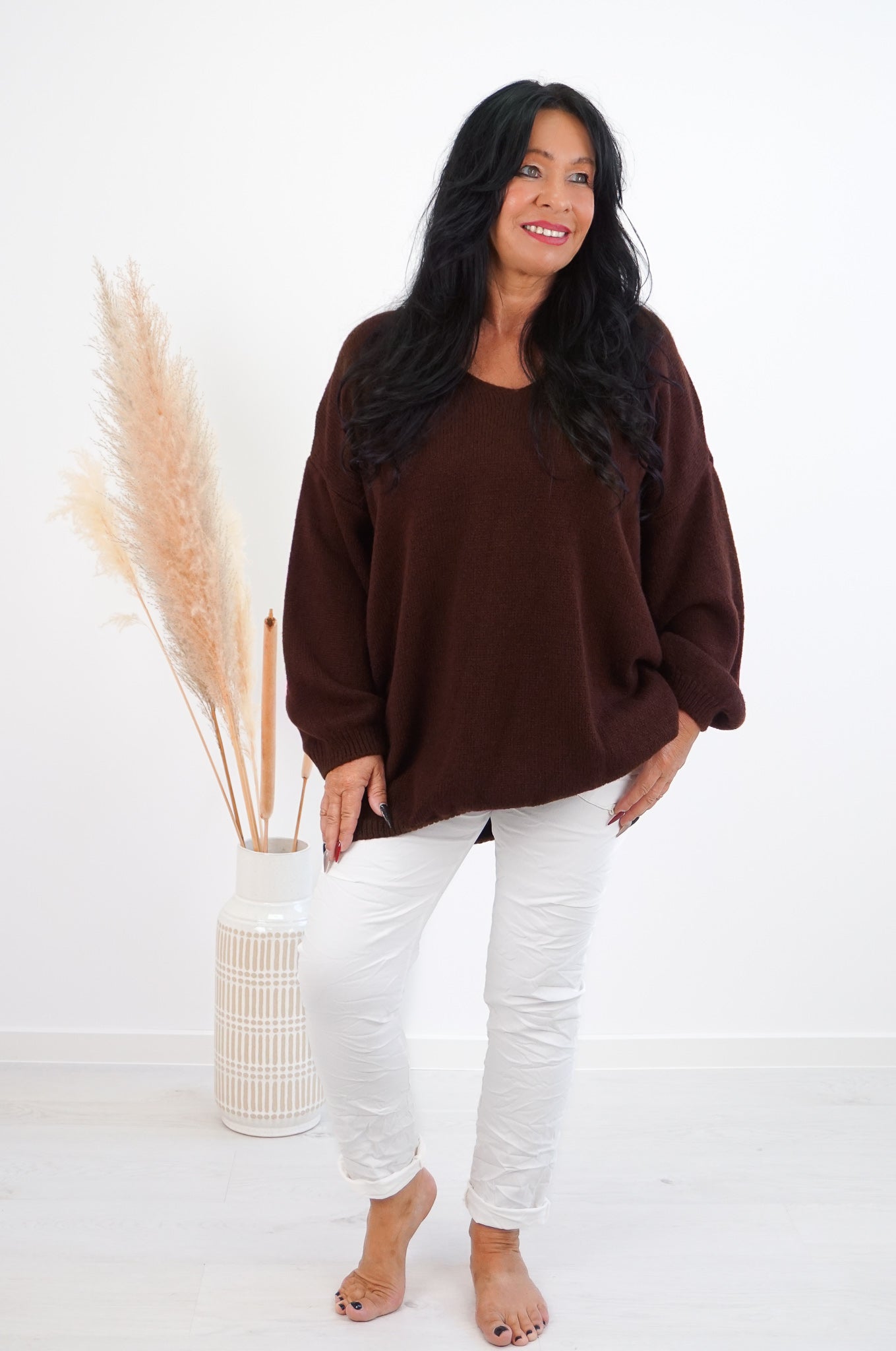 Strickpulli "Namaste",schokobraun/candy pink