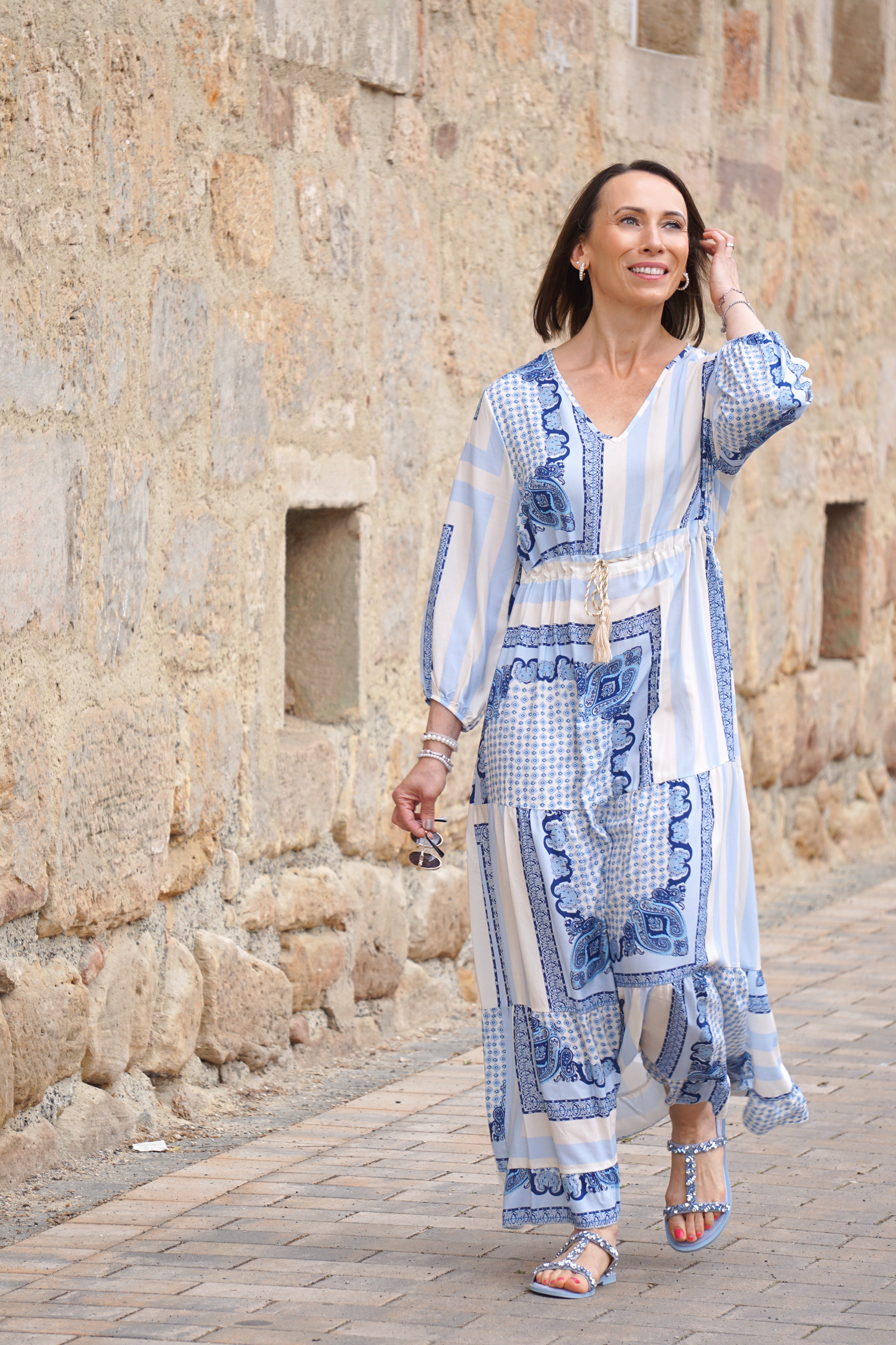 Langes Kleid mit Print “greek“, blau