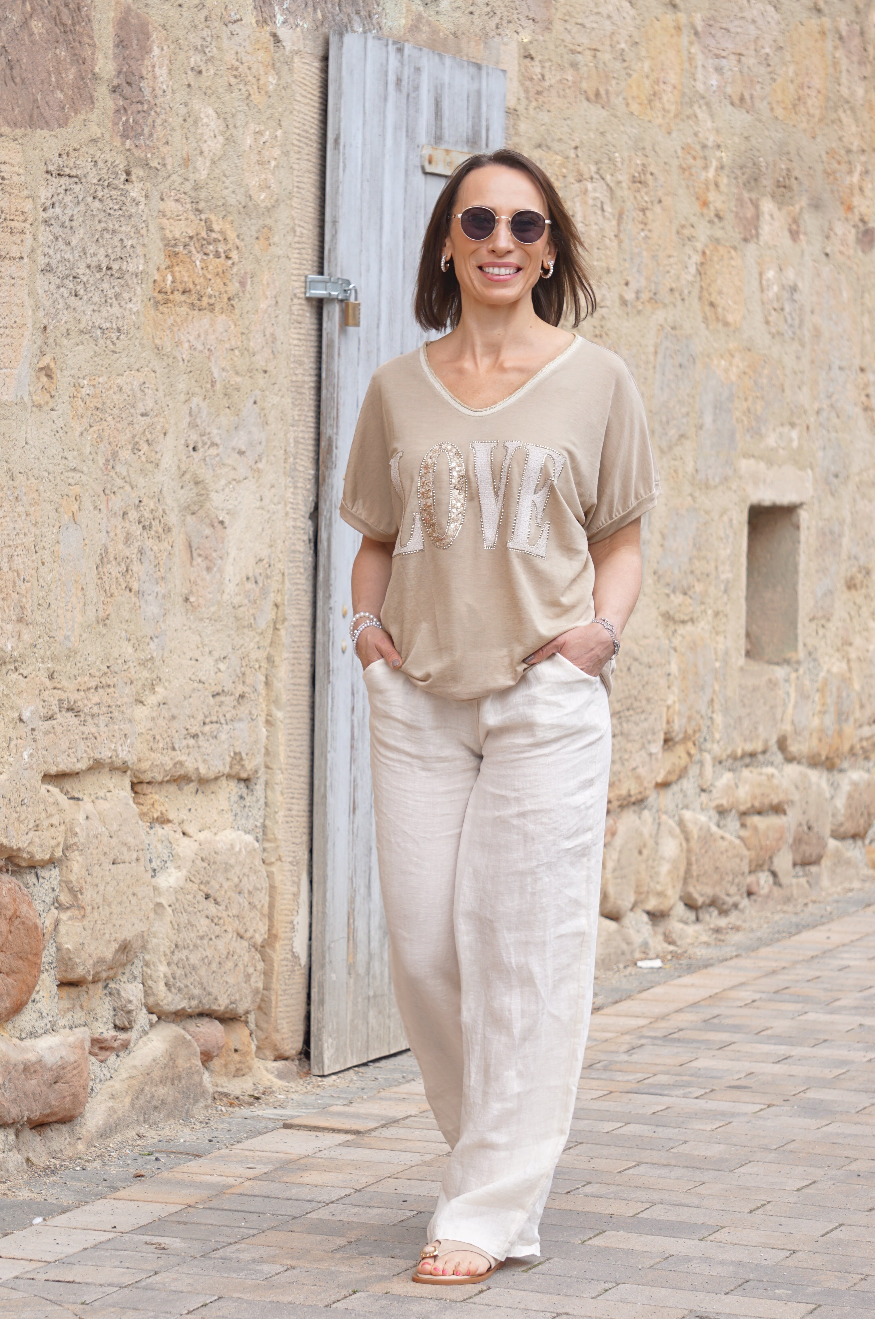 Leichtes Feinstrickshirt „LOVE“, camel