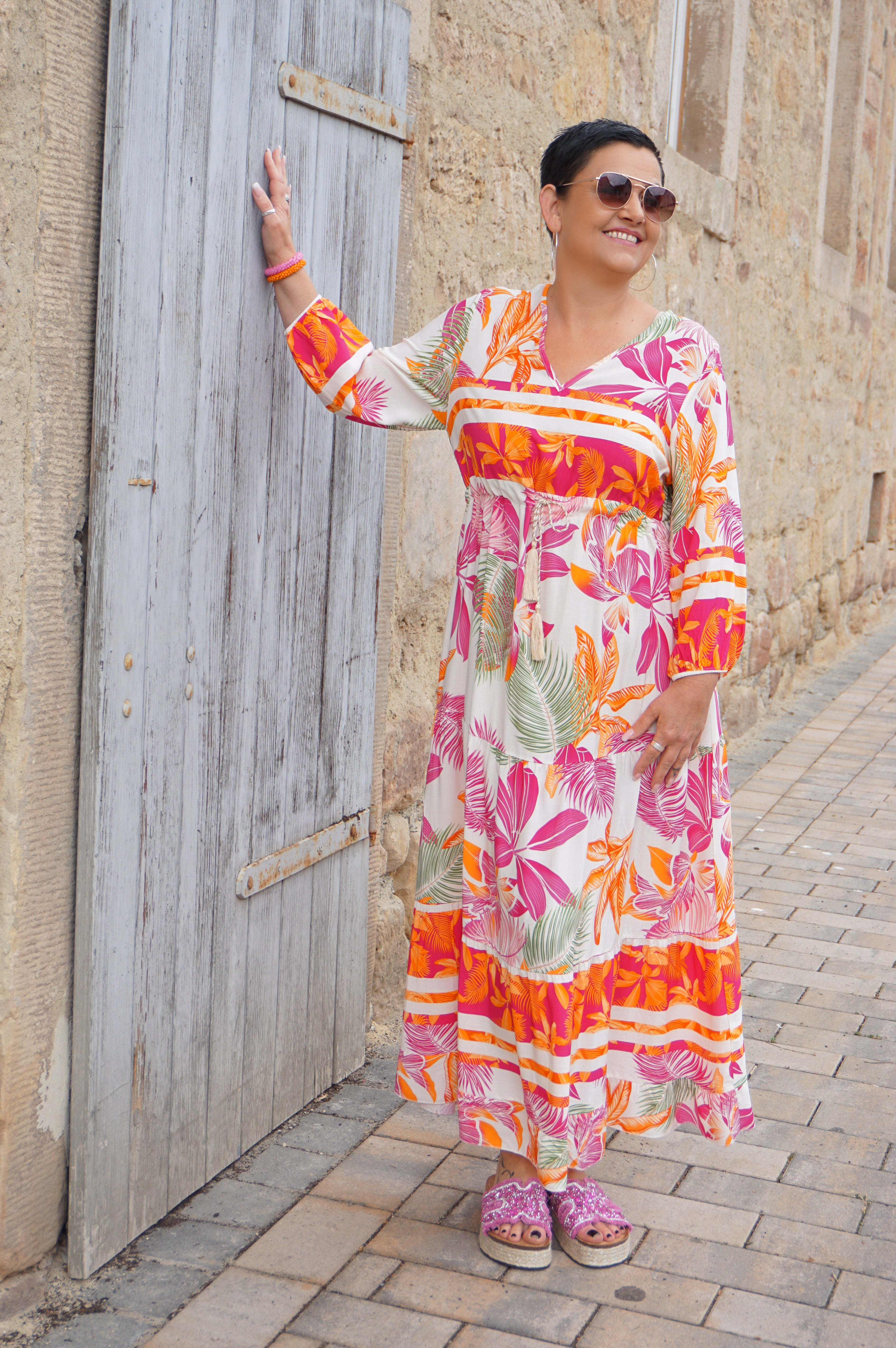 Zweite Wahl - Langes Kleid mit Print “summer“, pink - vom Umtausch ausgeschlossen