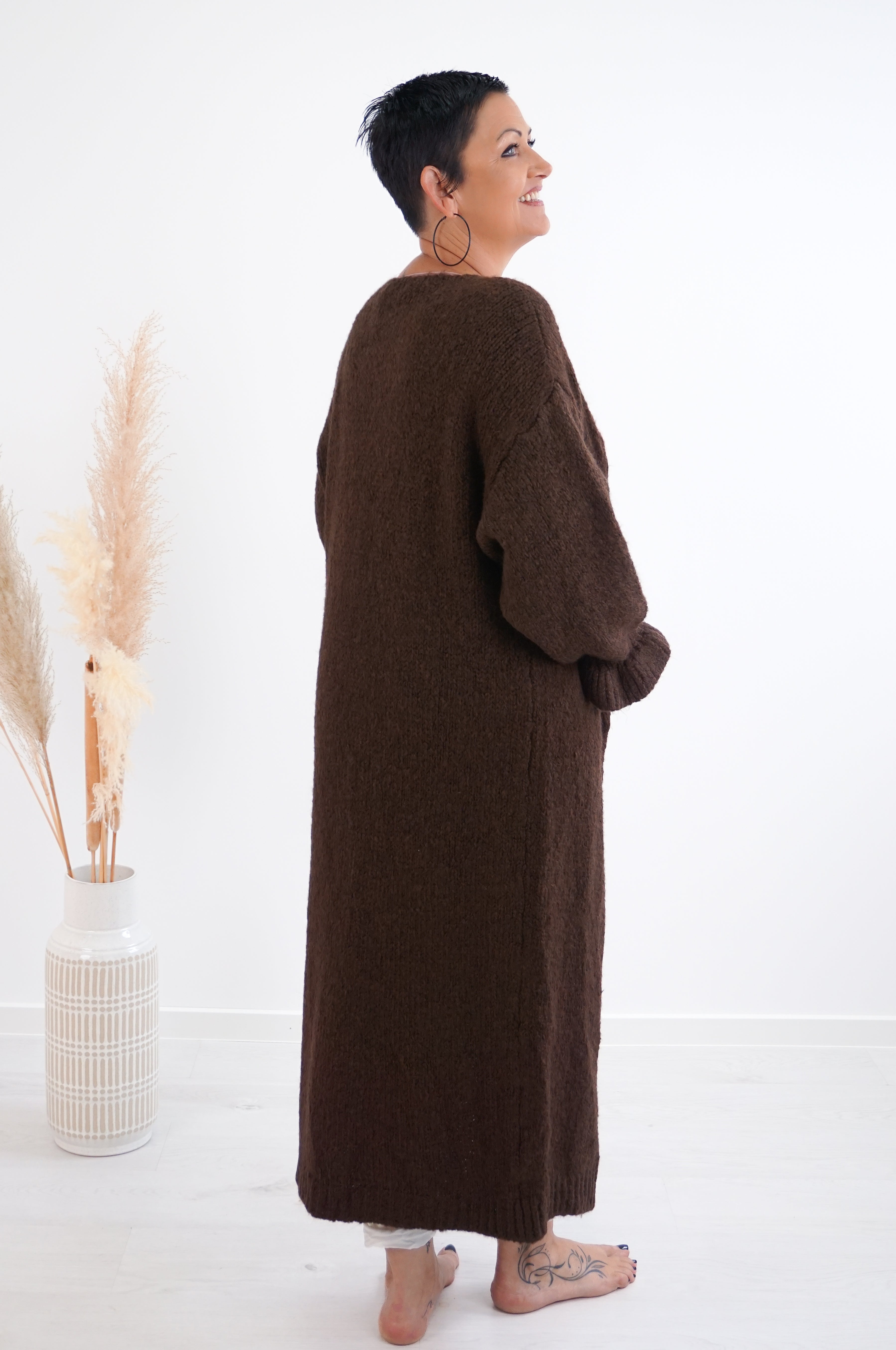 Lange Strickjacke, schokobraun